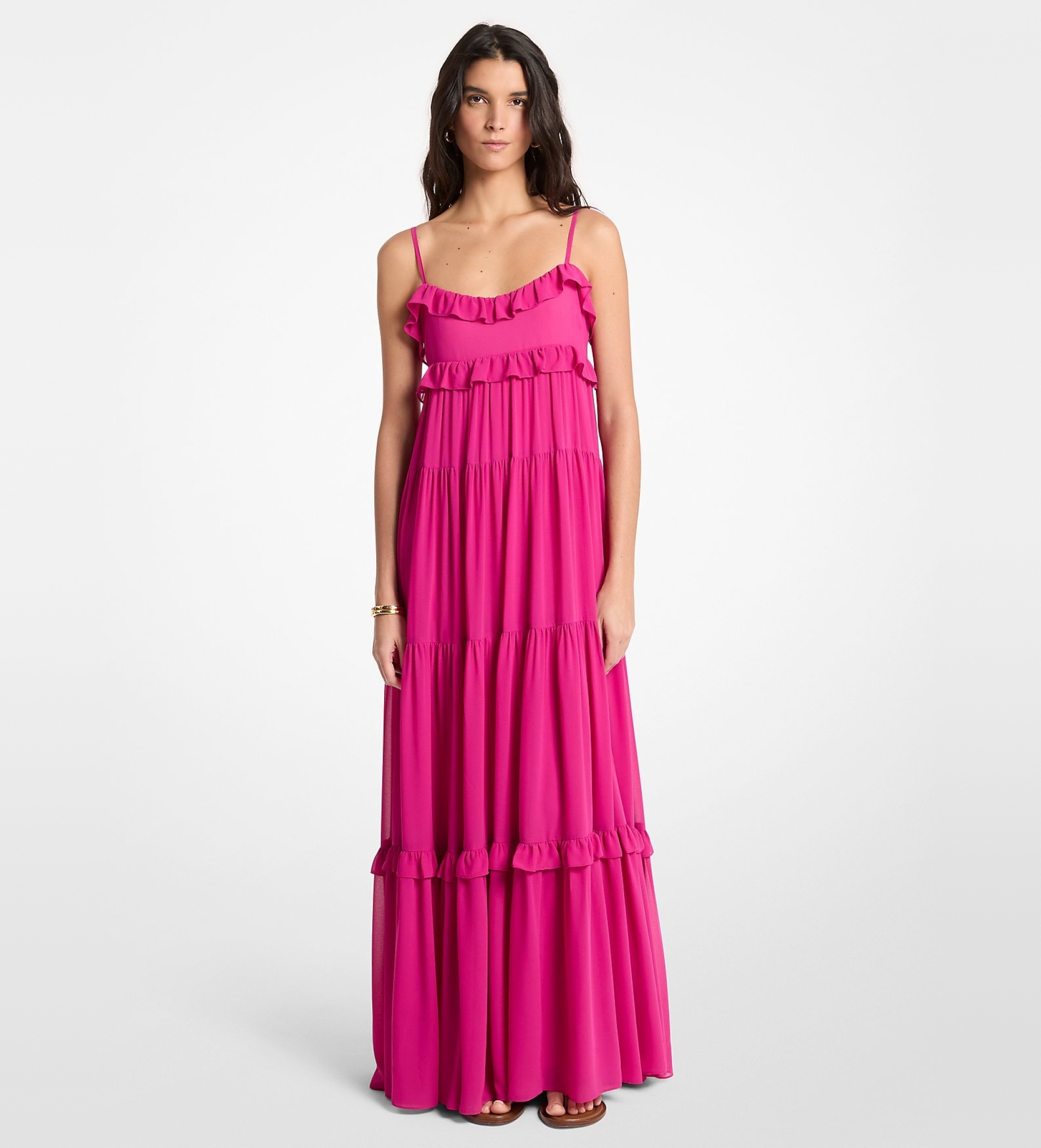 Michael Kors für Damen. MS683E37R3 Maxikleid aus Georgette mit rosa Rüschen (L), Lässig, Polyester, Ärmellos / Hosenträger
