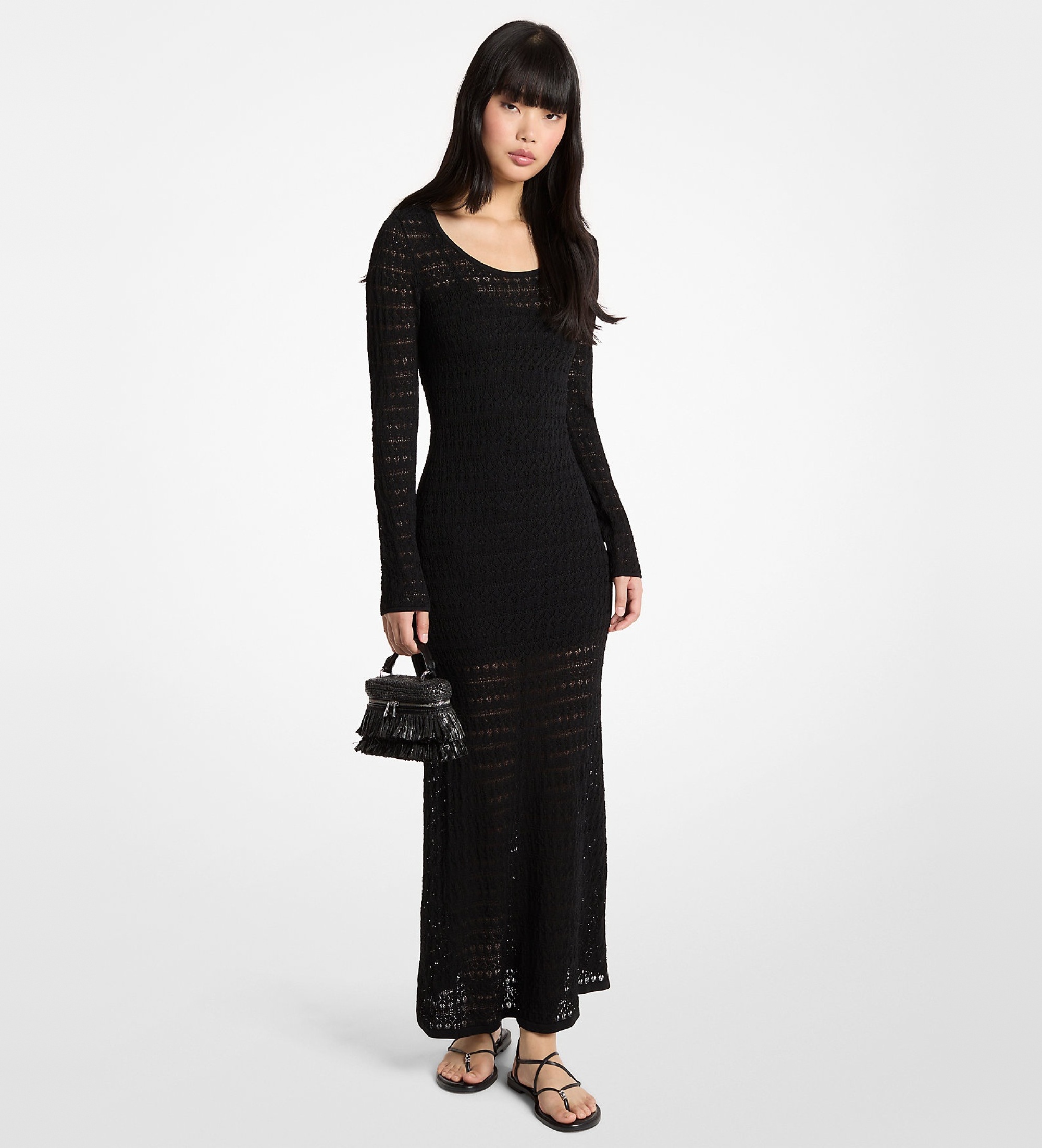 Michael Kors für Damen. MS683DS5ZV Pointelle Maxikleid aus Stretch-Strick schwarz (S), Lässig, Viskose, Langarm