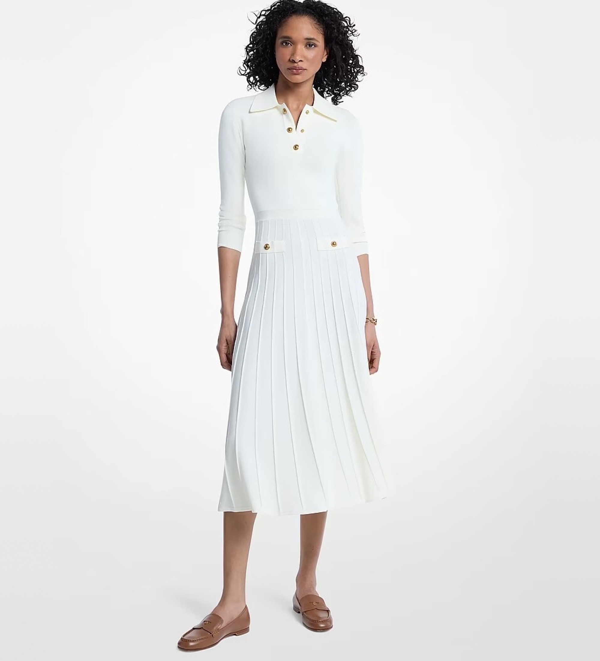 Michael Kors für Damen. MT683J3BFD Weißes Polokleid aus elastischem Strick (S), Lässig, Klassisch, Viskose, Langarm