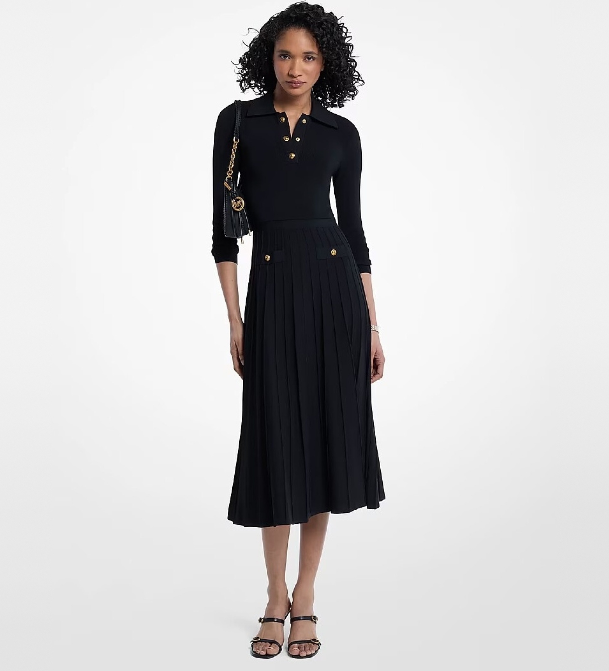 Michael Kors für Damen. MT683J3BFD Schwarzes Polokleid aus elastischem Strick (S), Lässig, Klassisch, Viskose, Langarm