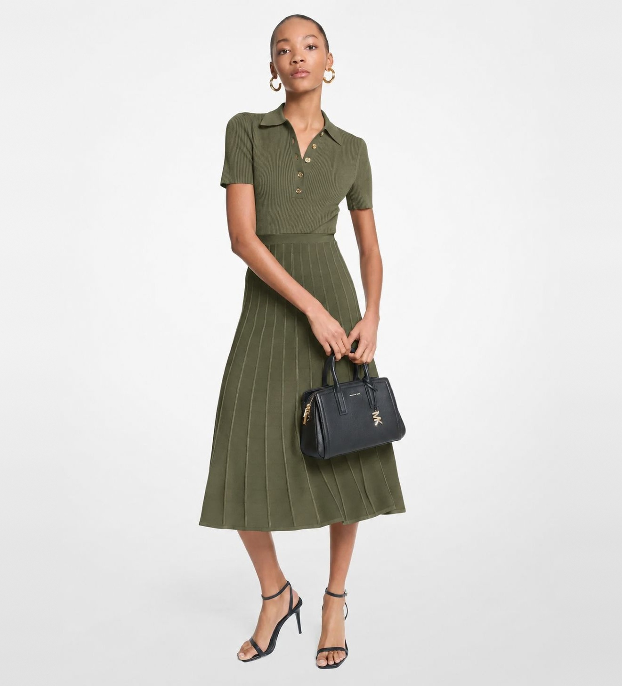 Michael Kors für Damen. MT5834F33D Grünes geripptes elastisches Strick-Midikleid im Polo-Stil (S), Lässig, Viskose, Kurzarm
