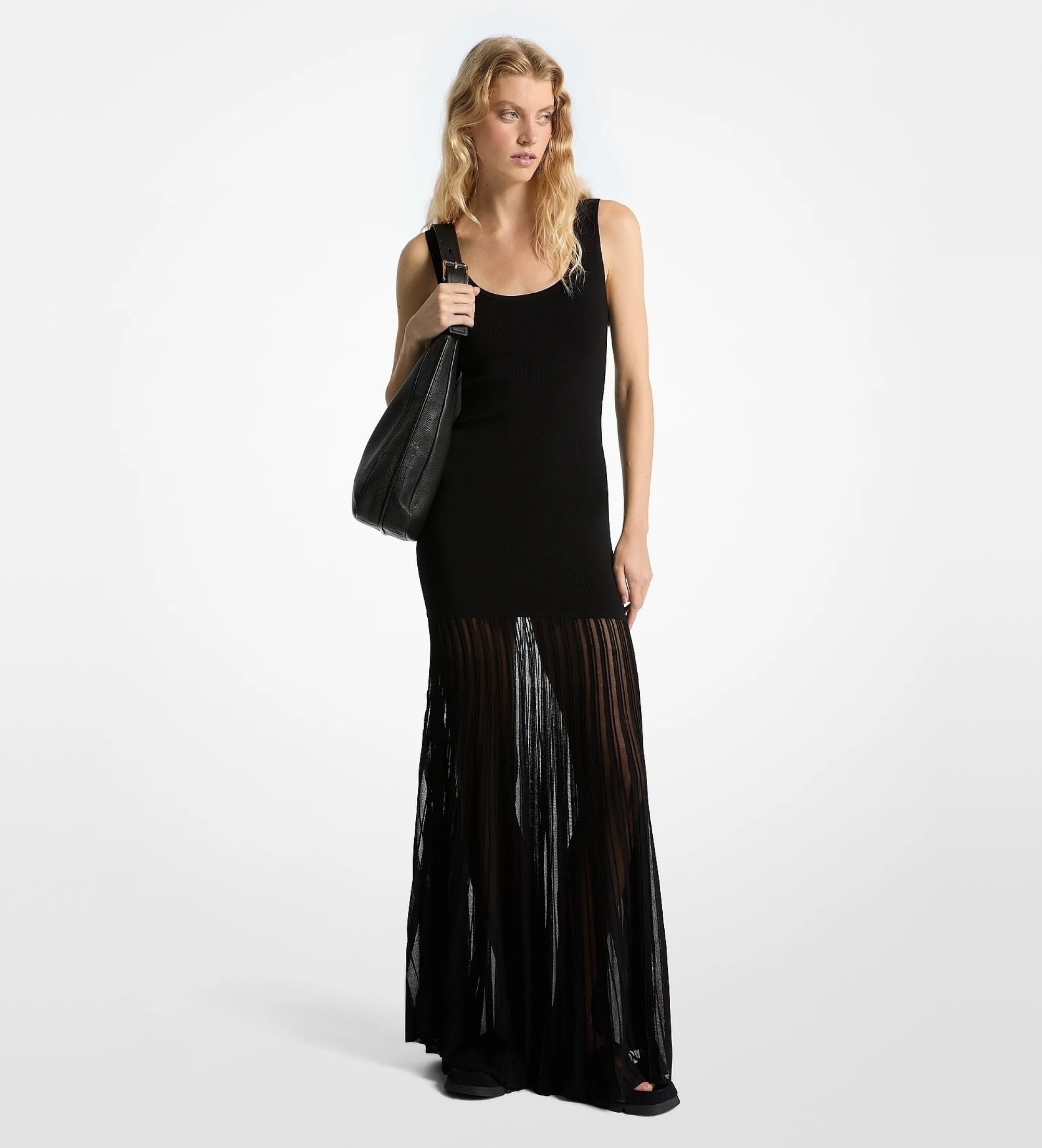 Michael Kors für Damen. MF482LFBFD Schwarzes Maxikleid mit Rundhalsausschnitt (M), Lässig, Viskose, Ärmellos / Hosenträger