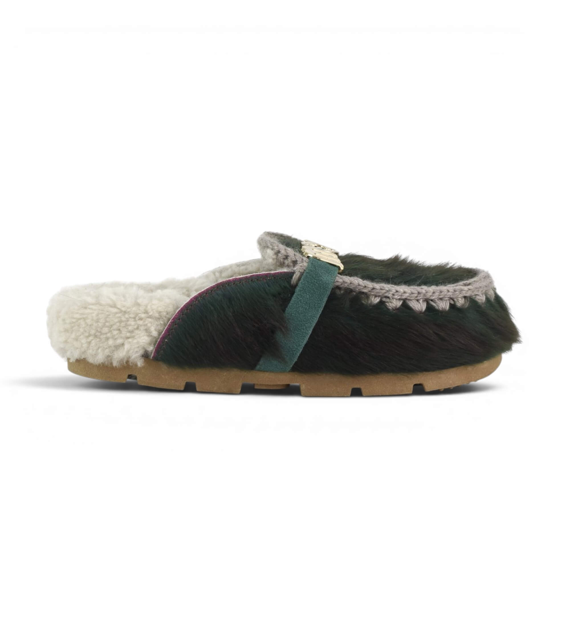 Mouvoor vrouwen. MU.FW431000D Winter Bio Slide Long Hair Ponyskin pantoffels van leer in het groen (38), Plat, Geen, Homewear