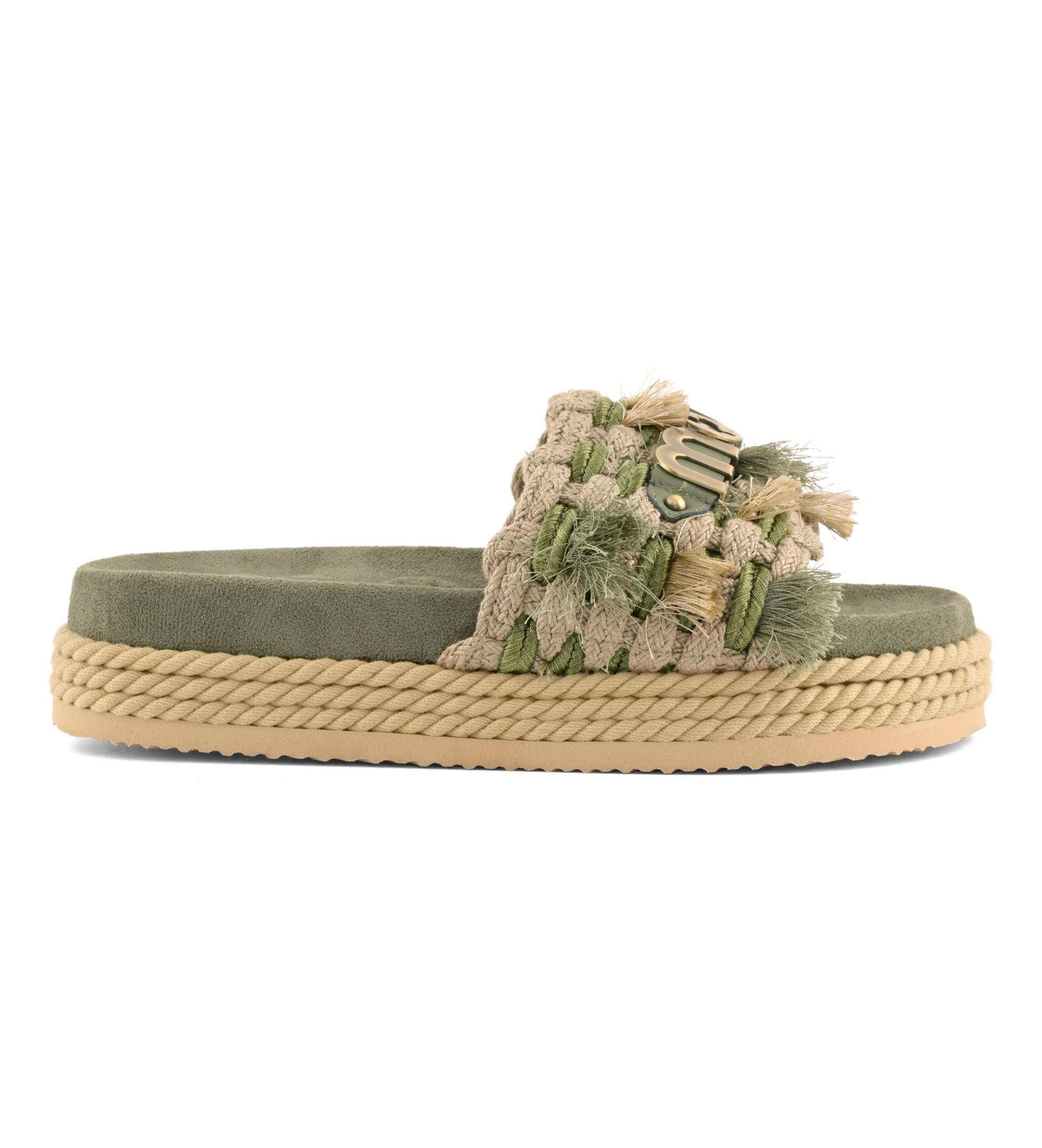 Mou für Damen. MU.SW451008K Wildleder Monoband Seil Fransen grün Sandalen (41), 3 bis 5 cm, Keine, Lässig