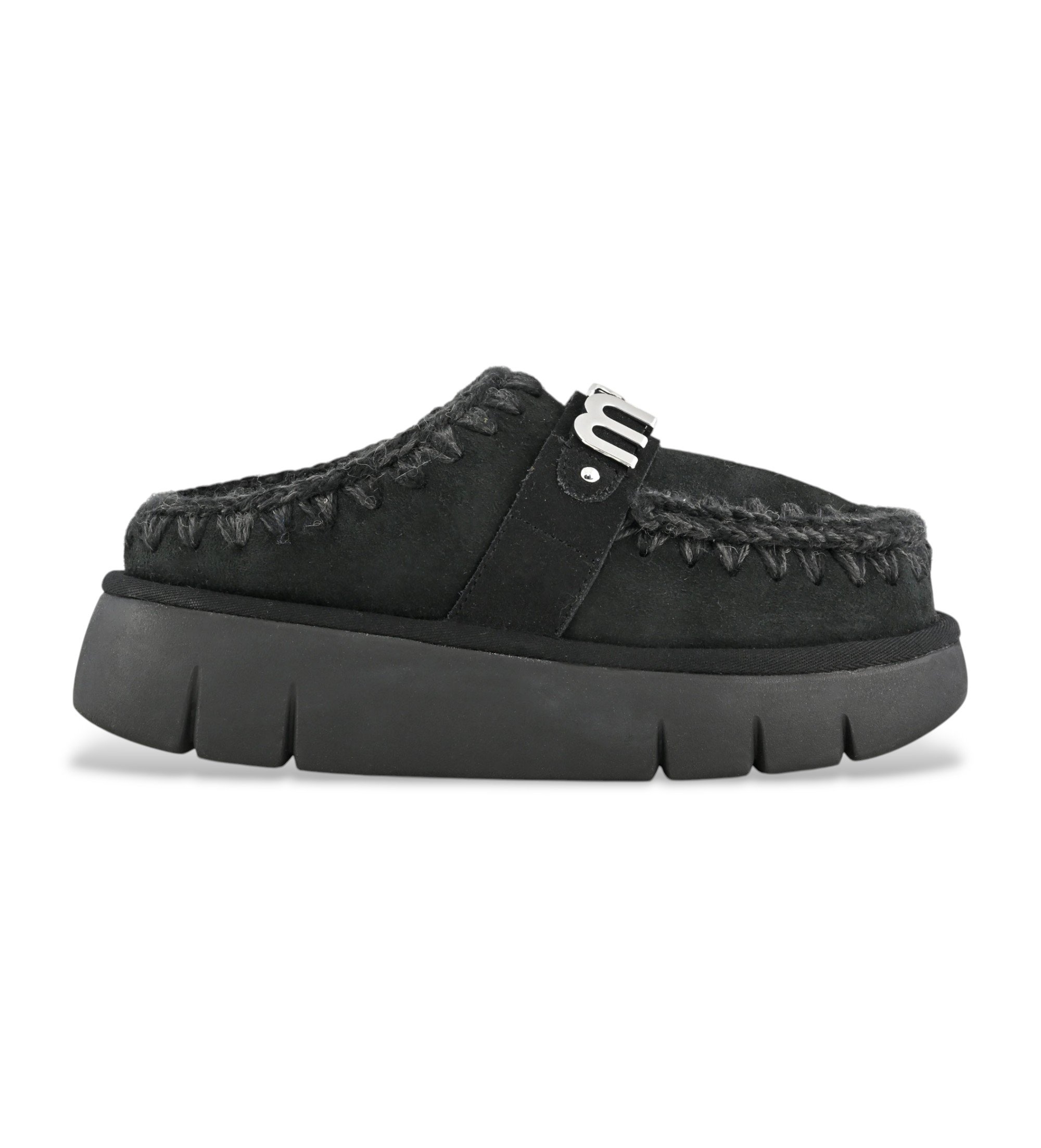 Mou für Damen. MU.FW531001A Bounce Clogs Leder Clogs Metall-Logo schwarz (39), 3 bis 5 cm, Keine, Lässig