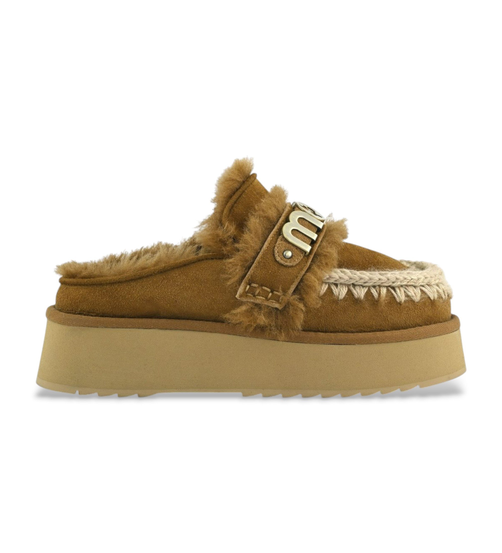 Mouvoor vrouwen. MU.FW681006A Leren klompen met logo op bruine band (41), Leer, 3 tot 5 cm, Geen, Casual