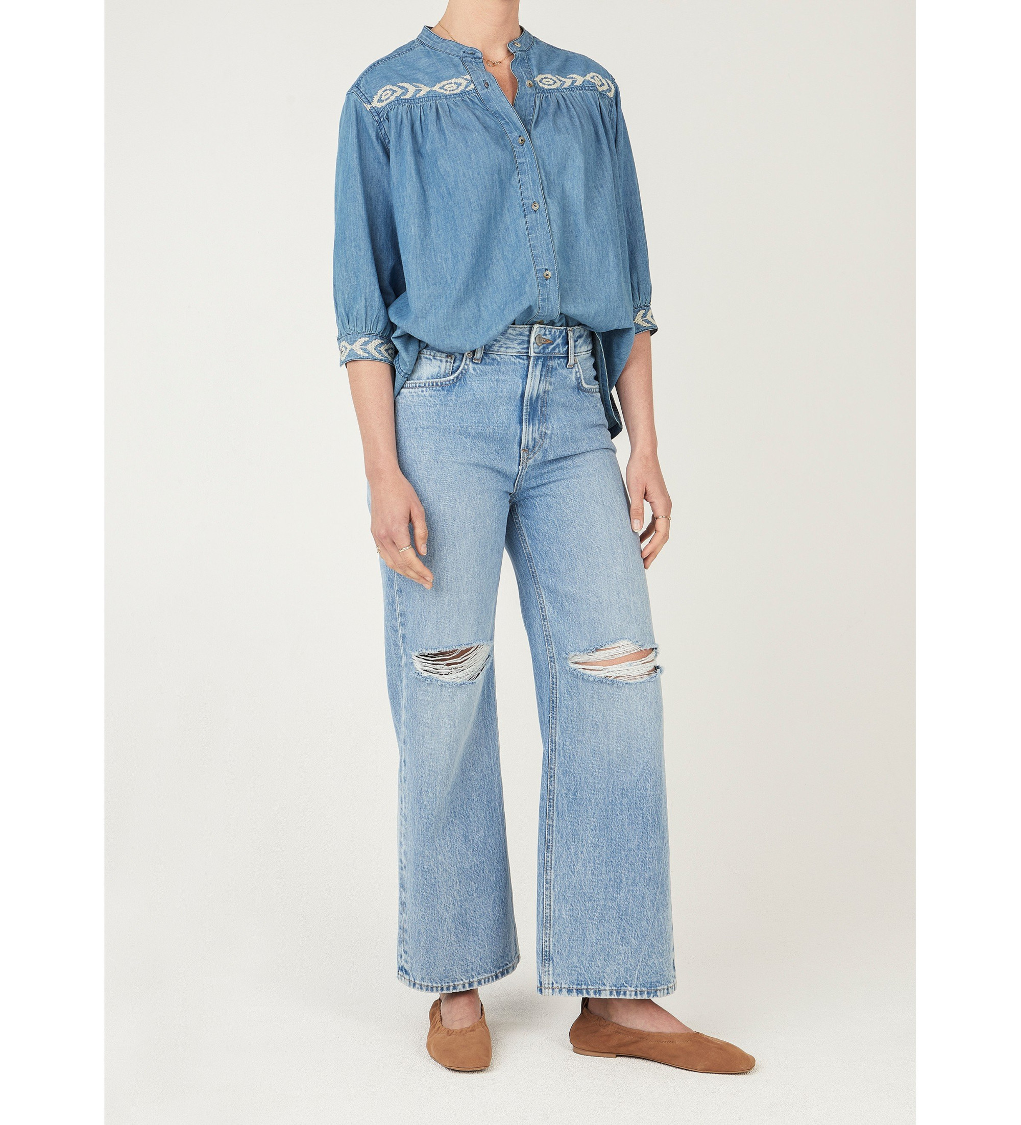 Pepe Jeans für Damen. PL3051432 Livia Besticktes Hemd aus blauem Denim (L), Lässig, Baumwolle, Langarm