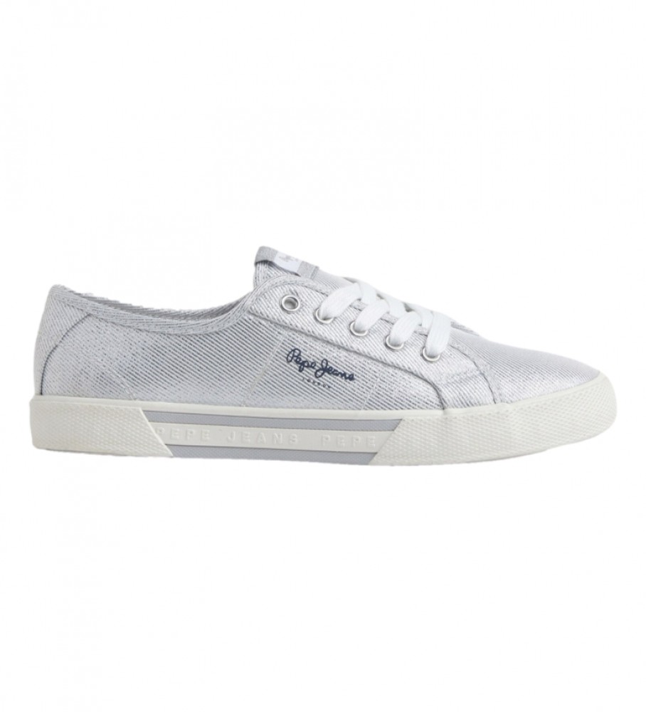 Pepe Jeans für Damen. PLS31439 Brady Party Ballerina Schuhe silber (36), Stoff, Wohnung, Schnürsenkel, Lässig