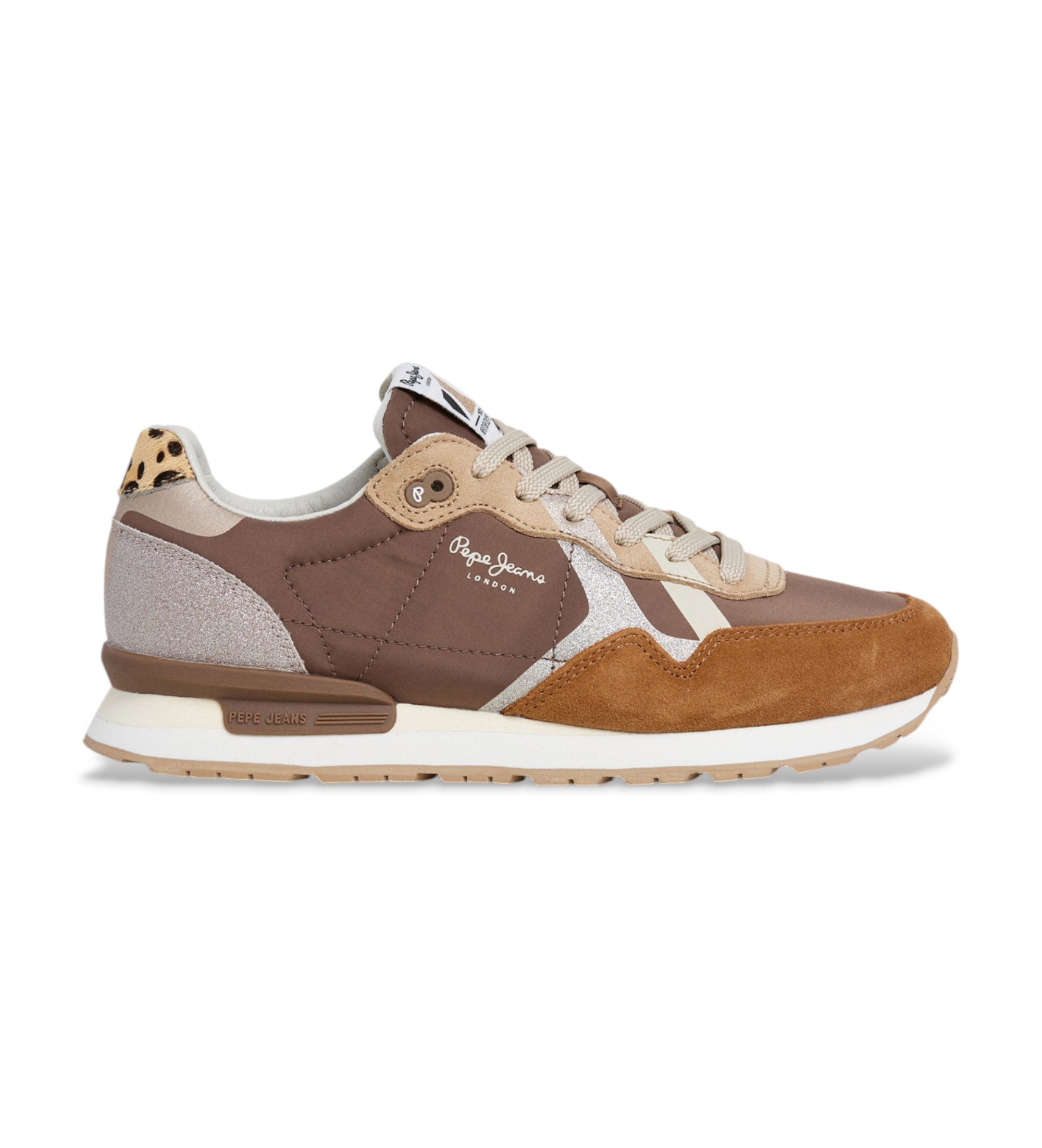 Pepe Jeans für Damen. PLS400005 Britt Glitter Leder Sneakers braun (40), Wohnung, Schnürsenkel, Lässig