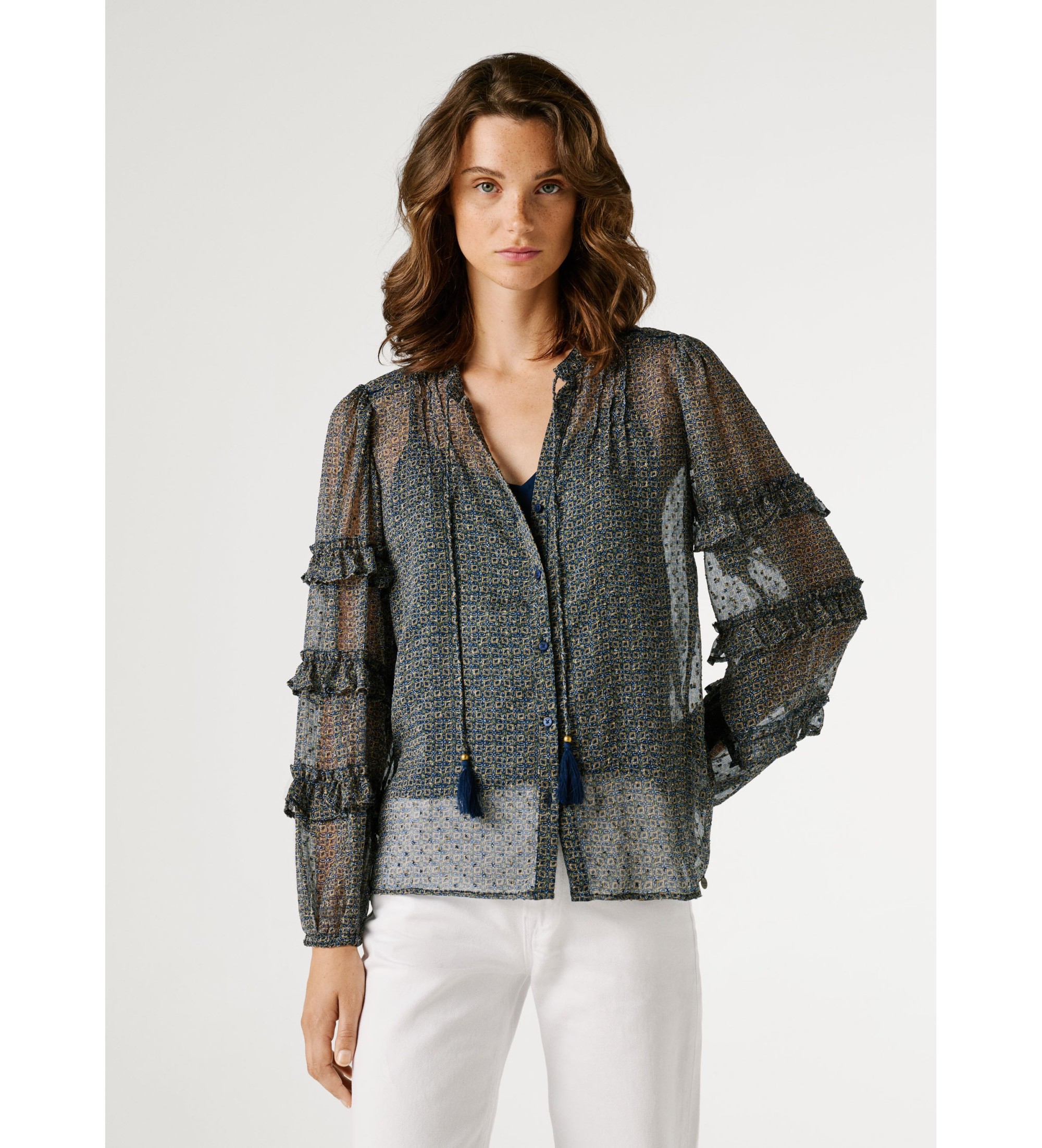 Pepe Jeansvoor vrouwen. PL3051398 Marine Amber Blouse (M), Casual, Klassiek, Polyester, Lange mouwen, Marineblauw