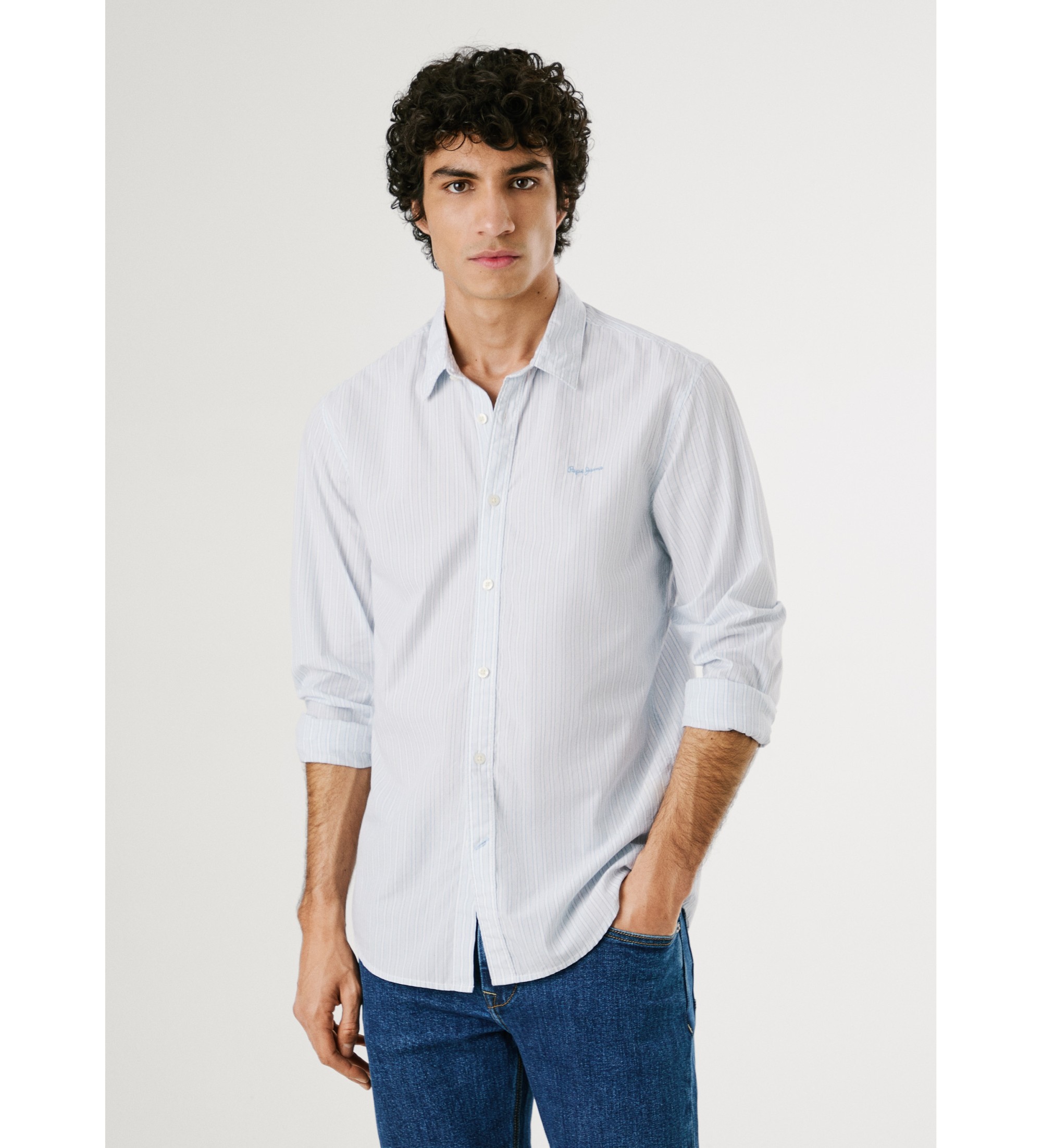Pepe Jeans für Herren. PM309068 Aufwendiges blaues Hemd (M), Lässig, Baumwolle, Klassisch, Langarm