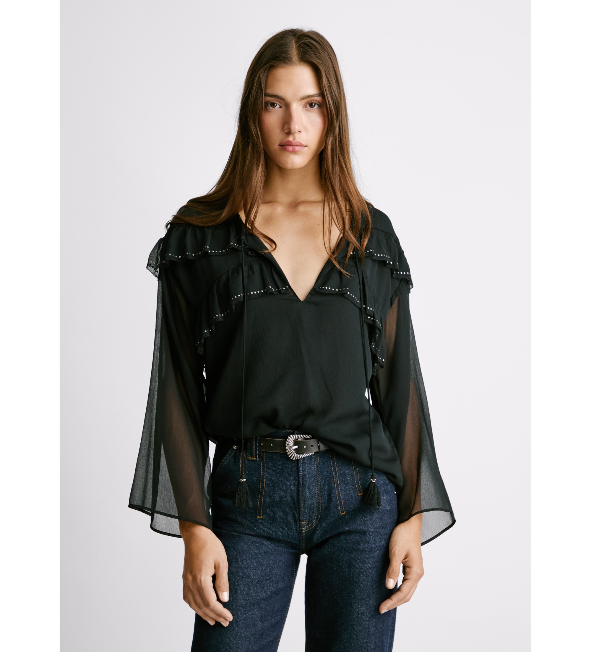 Pepe Jeans für Damen. PL3051294 Bluse Lizandra schwarz (M), Lässig, Polyester, Langarm
