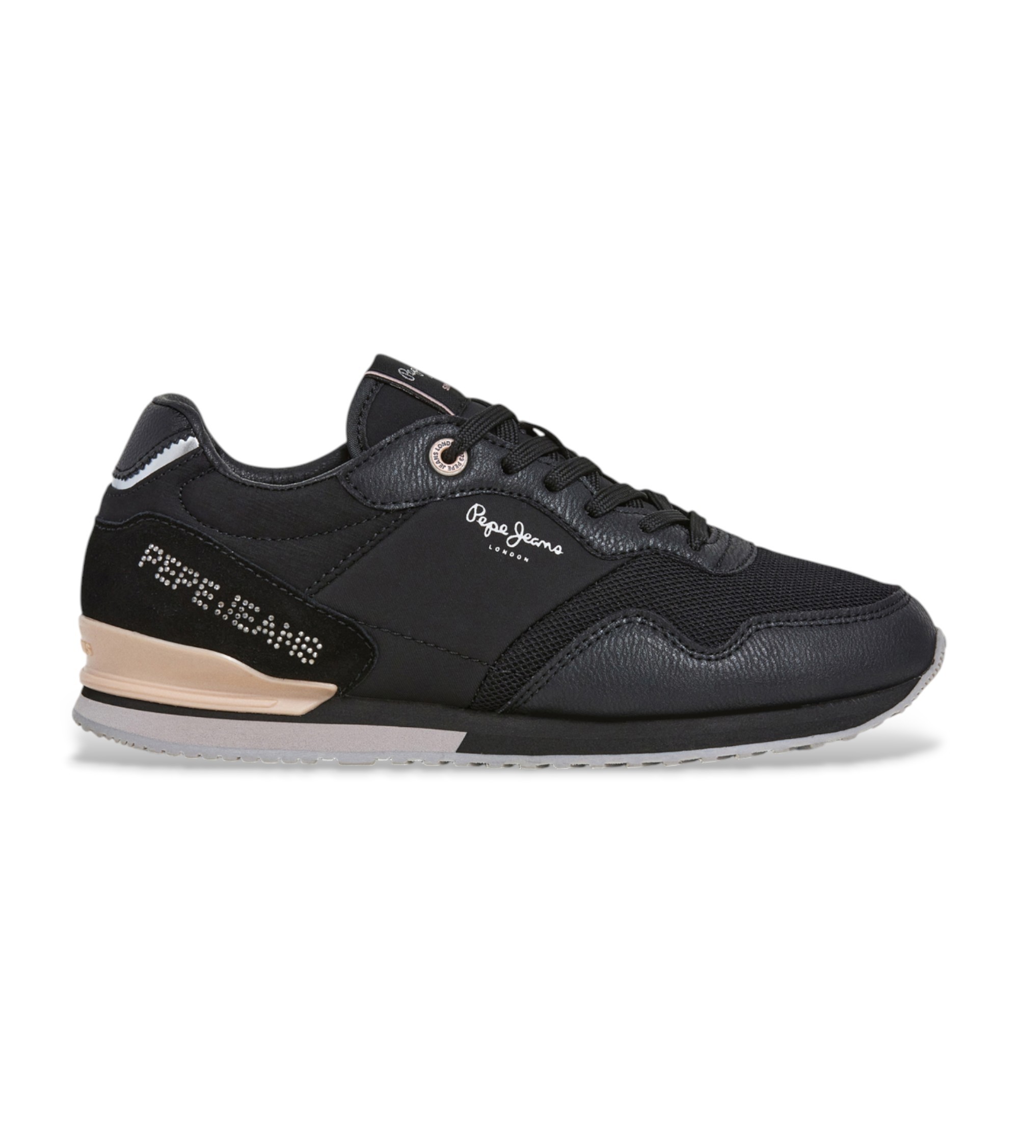 Pepe Jeans für Damen. PLS400008 London Party Sneakers schwarz (36), Leder, Wohnung, Schnürsenkel, Lässig