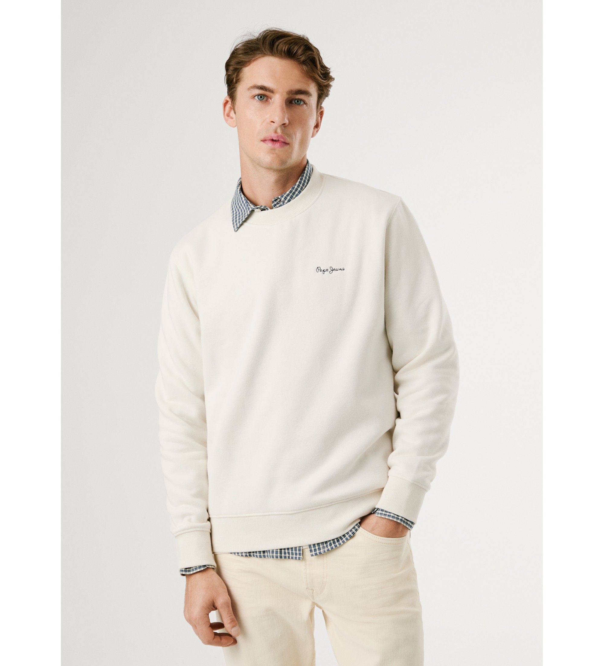 Pepe Jeans für Herren. PM5800013 Sweatshirt Macbeth Klein Logo Einfarbig off-white (S), Weiß, Lässig, Baumwolle