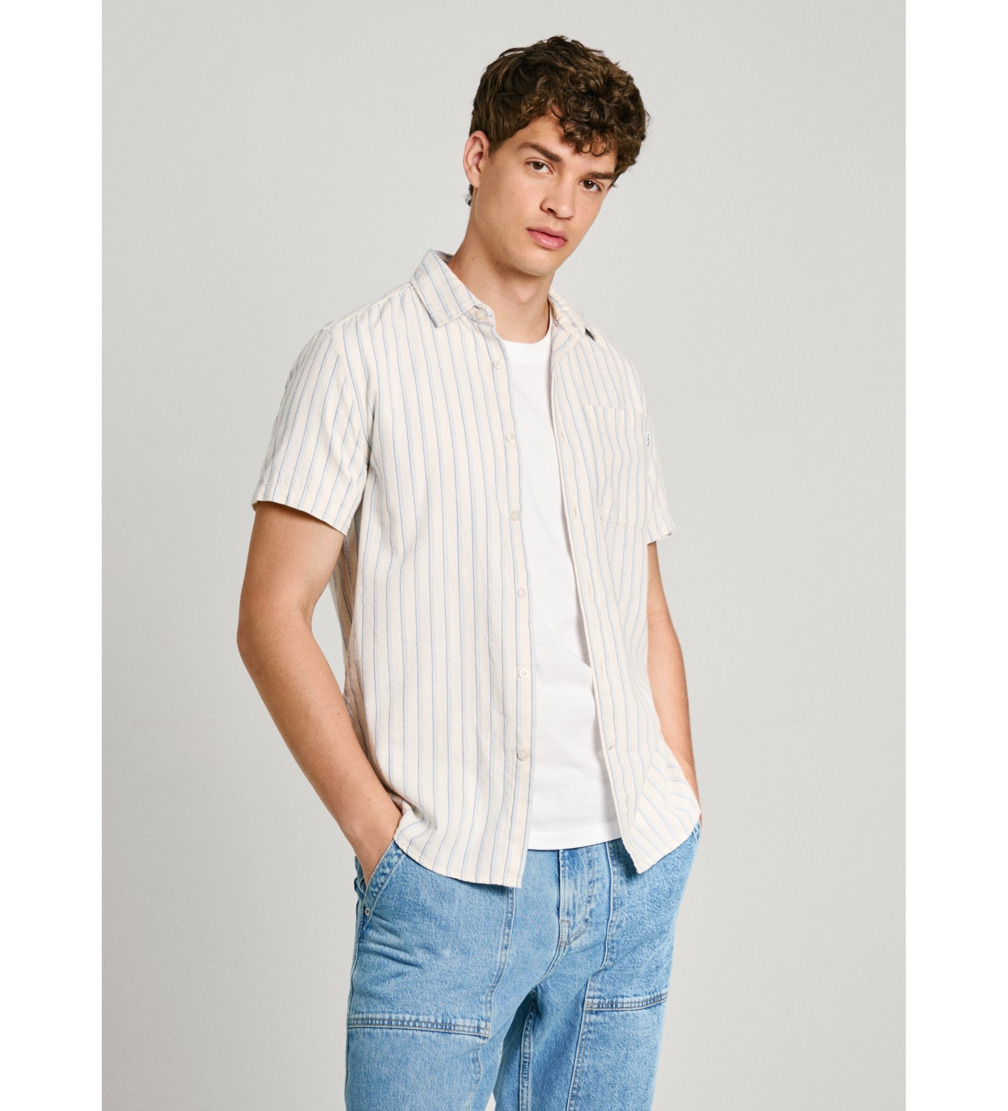 Pepe Jeans für Herren. PM308571 Hemd Maco weiß (M), Lässig, Baumwolle, Kurzarm