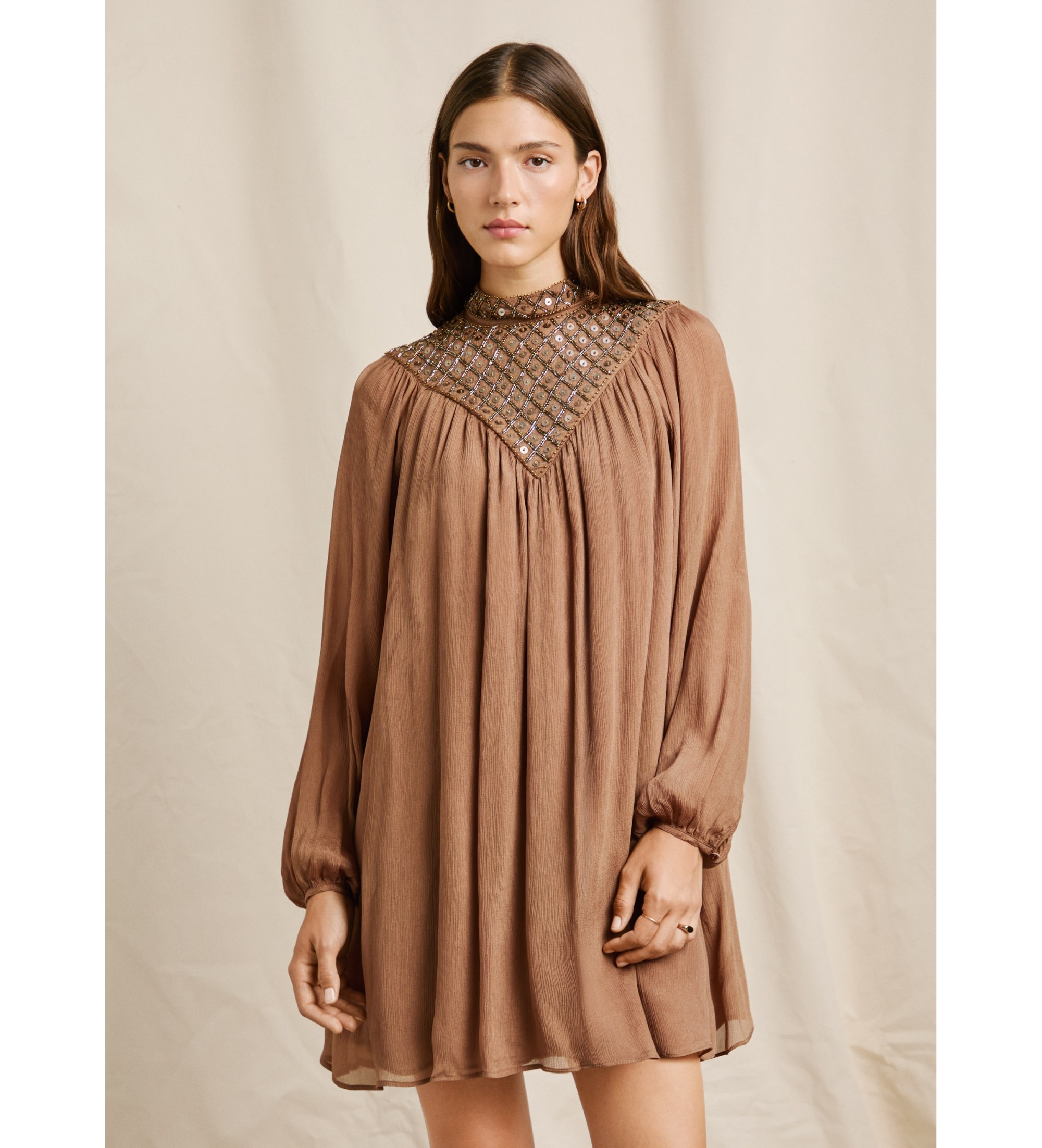 Pepe Jeans für Damen. PL9537730 Braunes Magnolienkleid (S), Lässig, Viskose, Langarm