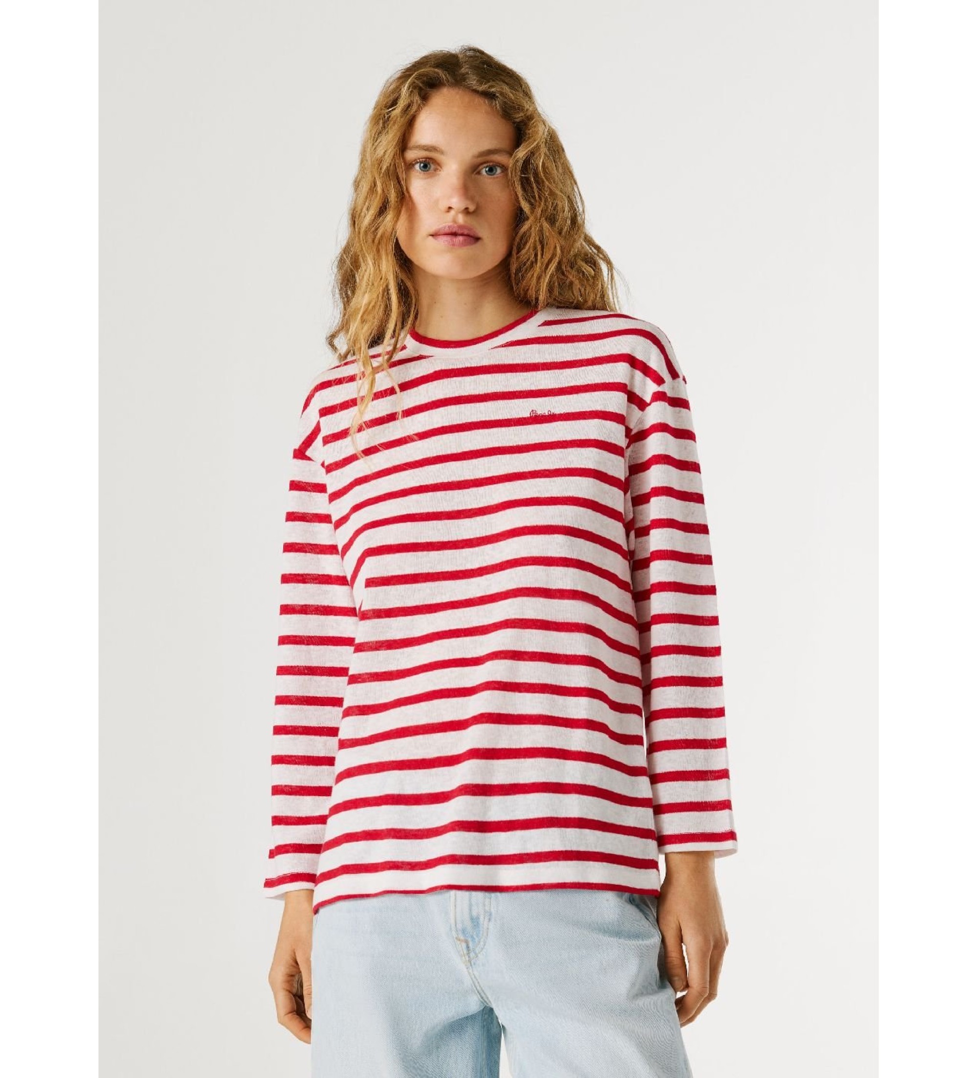 Pepe Jeansvoor vrouwen. PL5000144 Marlen Gestreept T-shirt Rood (S), Casual, Katoen, Lange mouwen