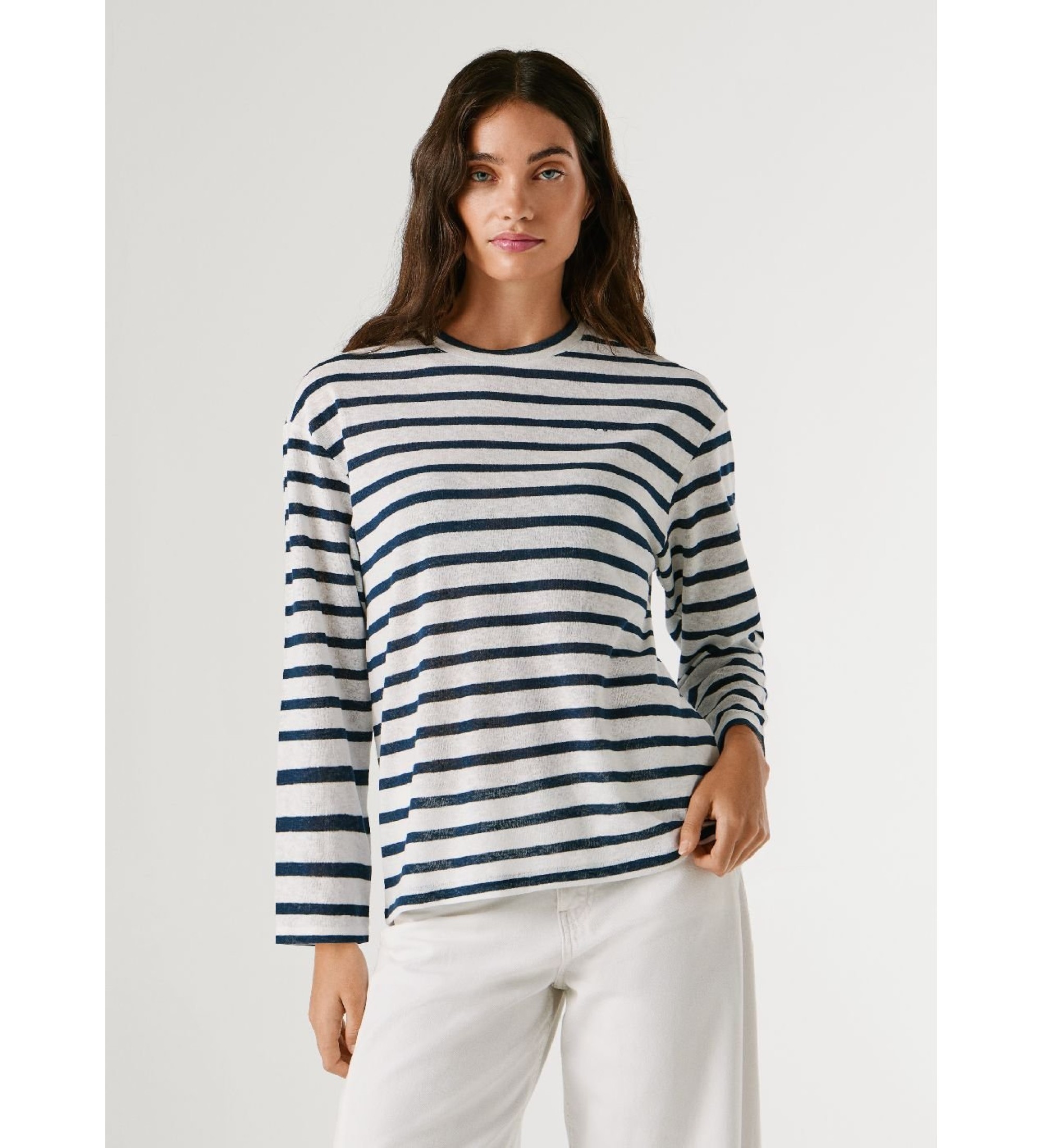 Pepe Jeansvoor vrouwen. PL5000144 T-shirt Marlen Gestreept marine (M), Casual, Katoen, Lange mouwen, Marineblauw