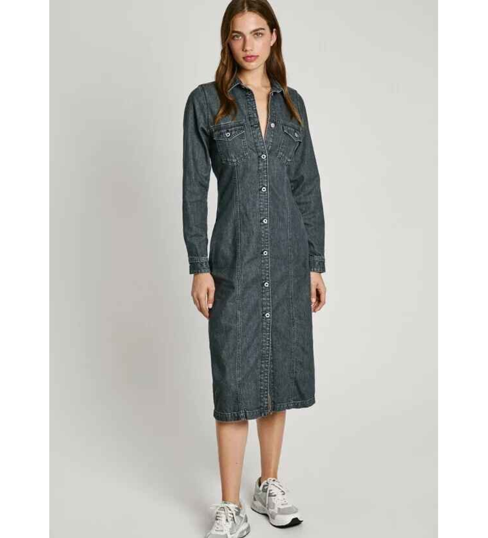 Pepe Jeans für Damen. PL953624 Denim-Midikleid Regular Fit blau (S), Lässig, Baumwolle, Langarm, Nachhaltig