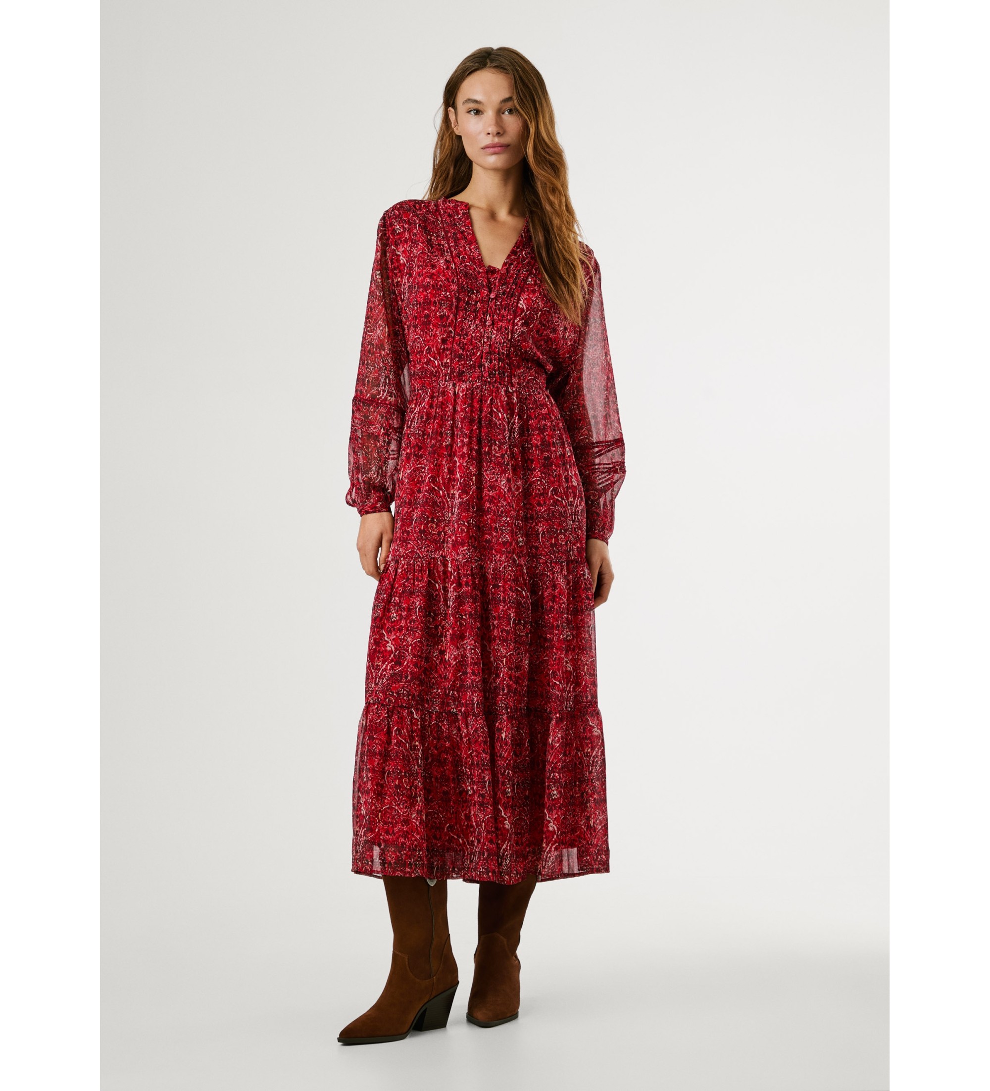 Pepe Jeans für Damen. PL9537703 Miley rotes Kleid (S), Lässig, Polyester, Langarm