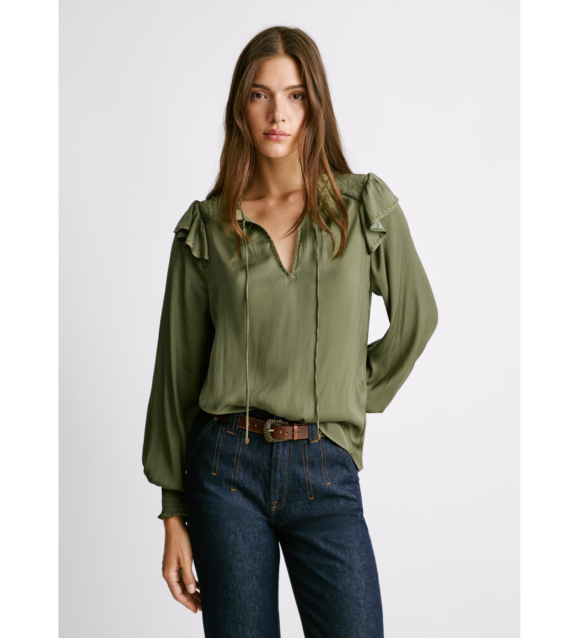 Pepe Jeans für Damen. PL3051286 Bluse Miriam grün (M), Lässig, Polyester, Langarm