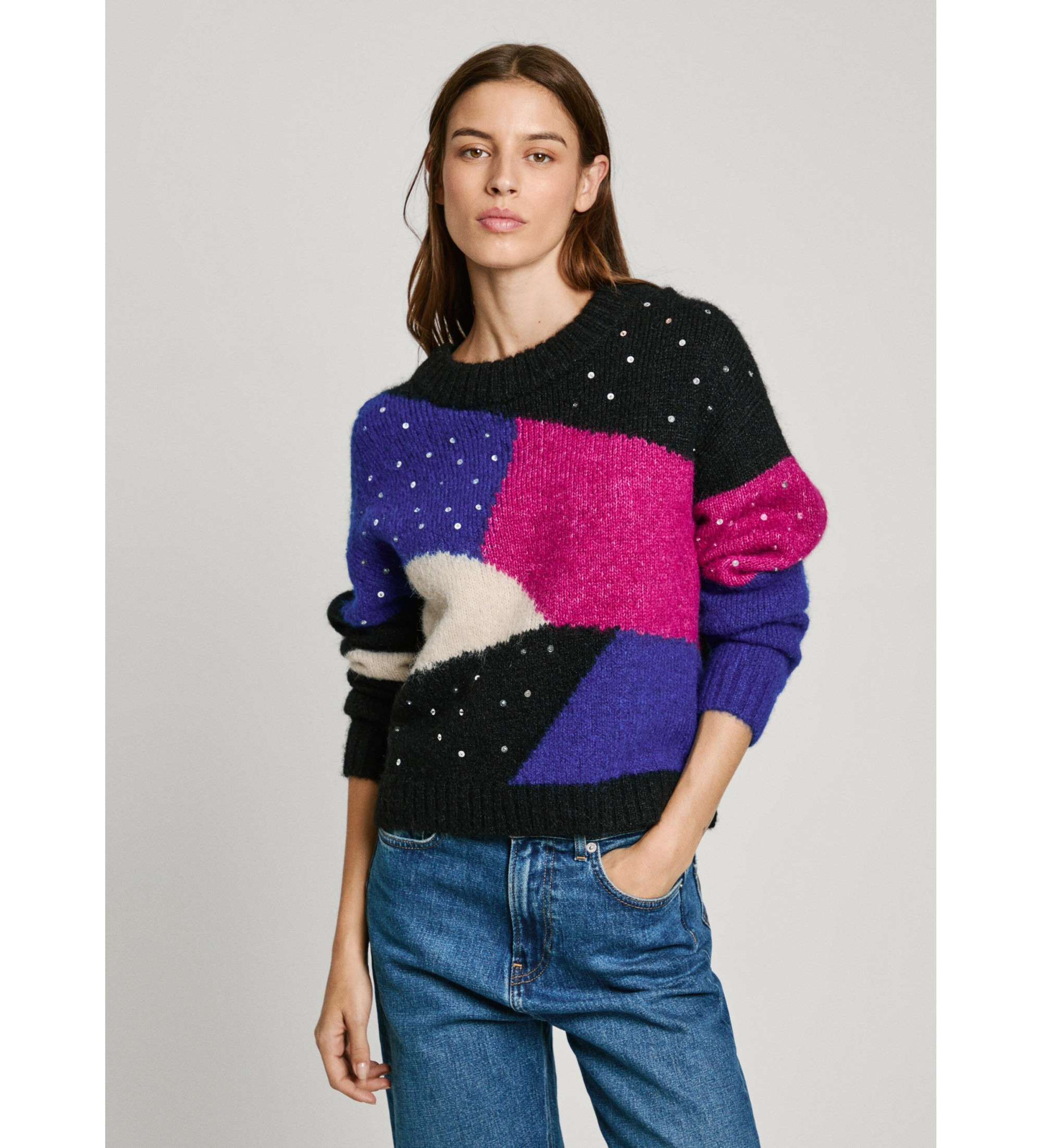 Pepe Jeans für Damen. PL702238 Nora mehrfarbiger Pullover (S), Schwarz, Lässig, Polyester