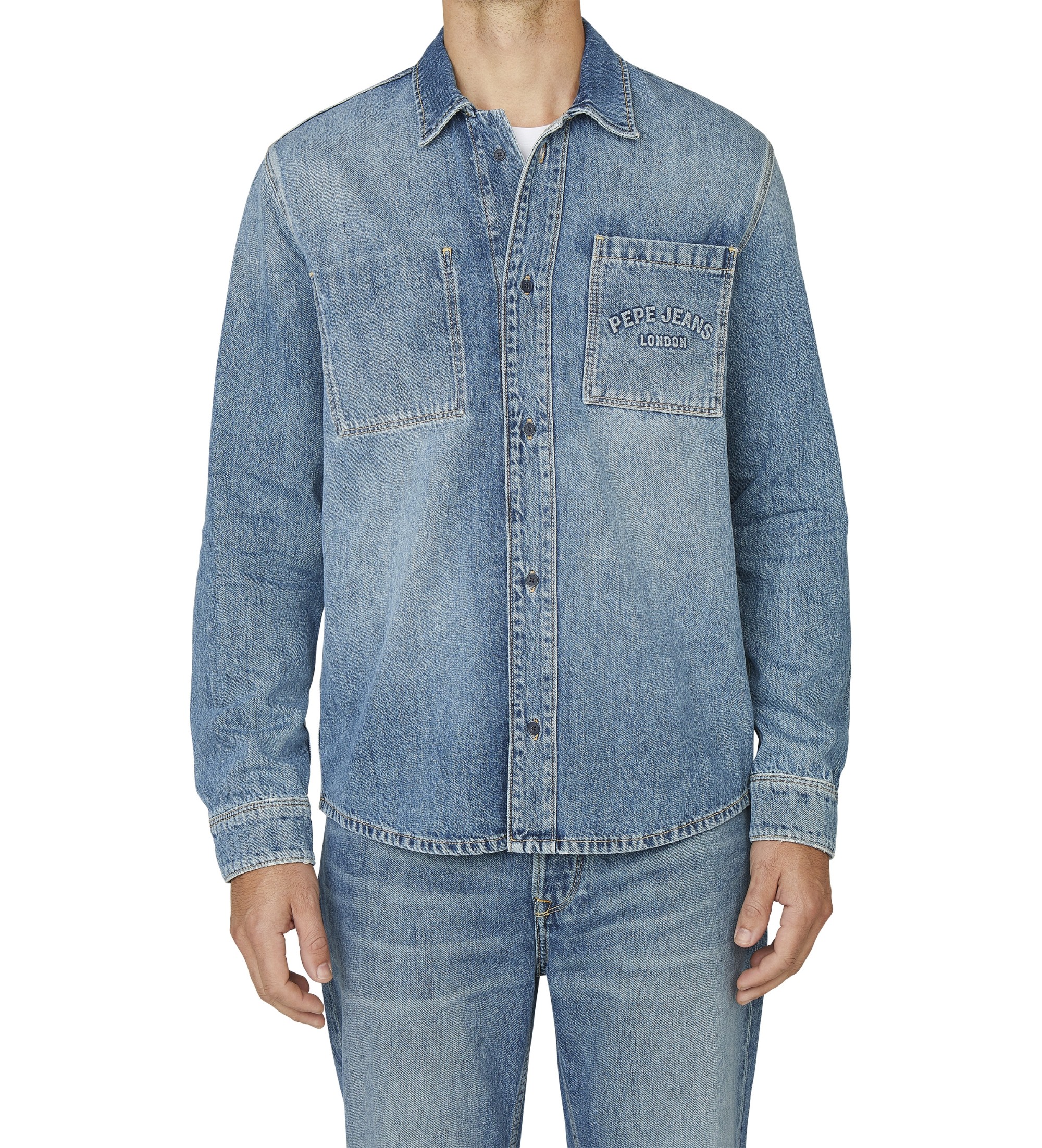 Pepe Jeans für Herren. PM309081 Weston blaues Hemd (S), Lässig, Baumwolle, Langarm