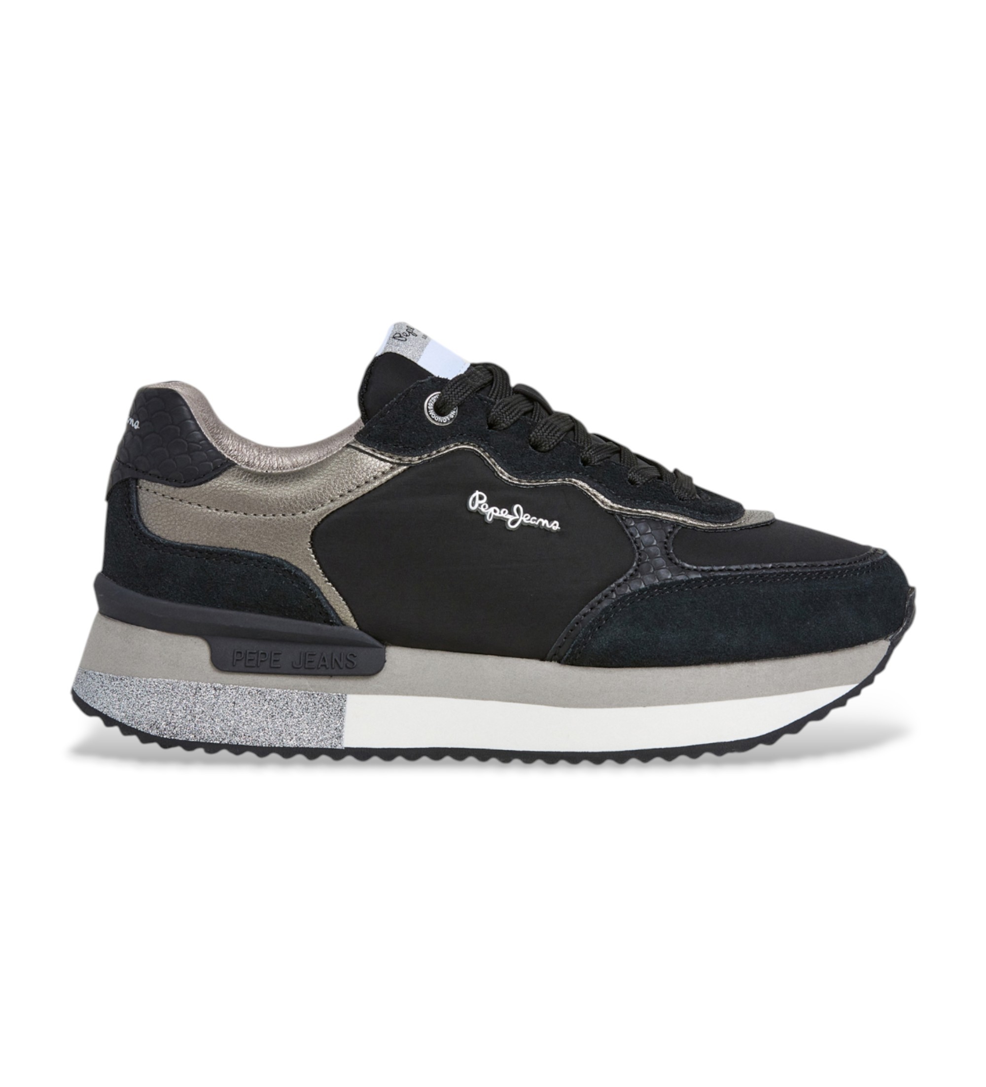 Pepe Jeans für Damen. PLS600008 Rusper Glam Leder Sneakers schwarz (36), 3 bis 5 cm, Schnürsenkel, Lässig