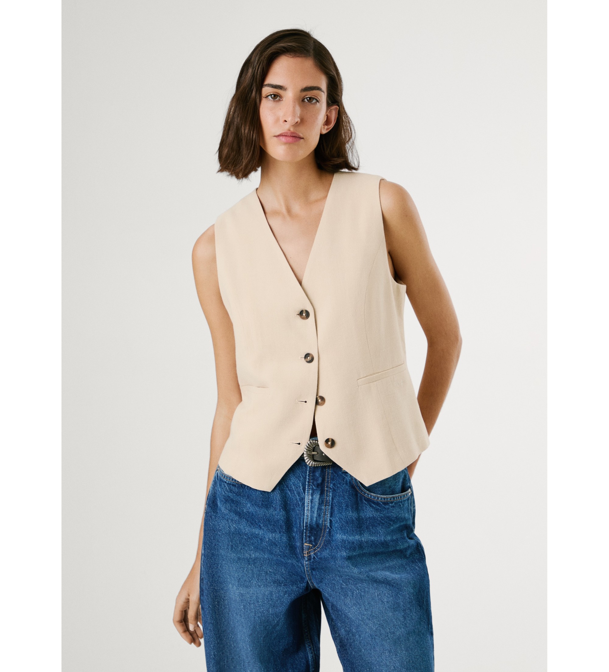 Pepe Jeans für Damen. PL402603 Weste Stella beige (S), Lässig, Viskose