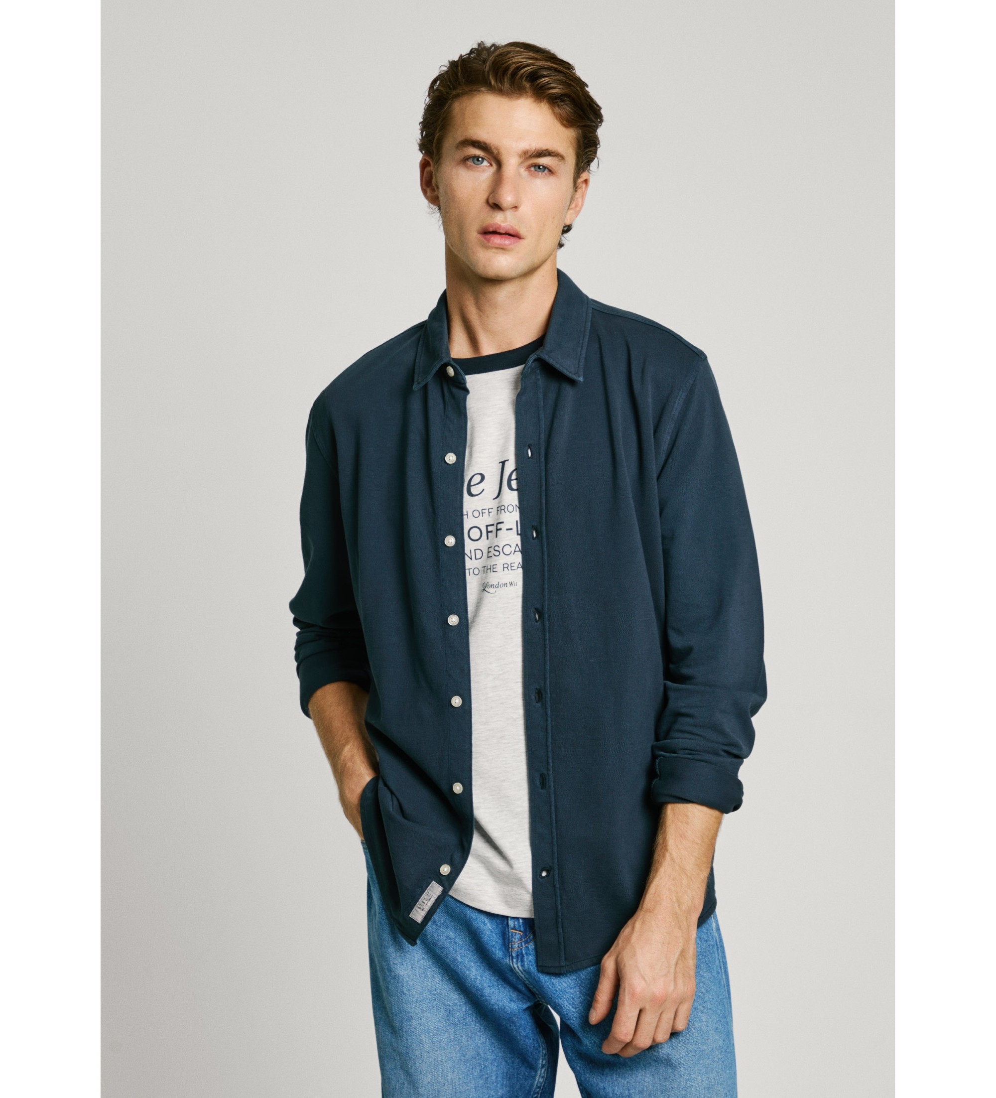 Pepe Jeans für Herren. PM308836 Abel navy slim fit Piqué-Hemd (S), Lässig, Baumwolle, Langarm, Marine