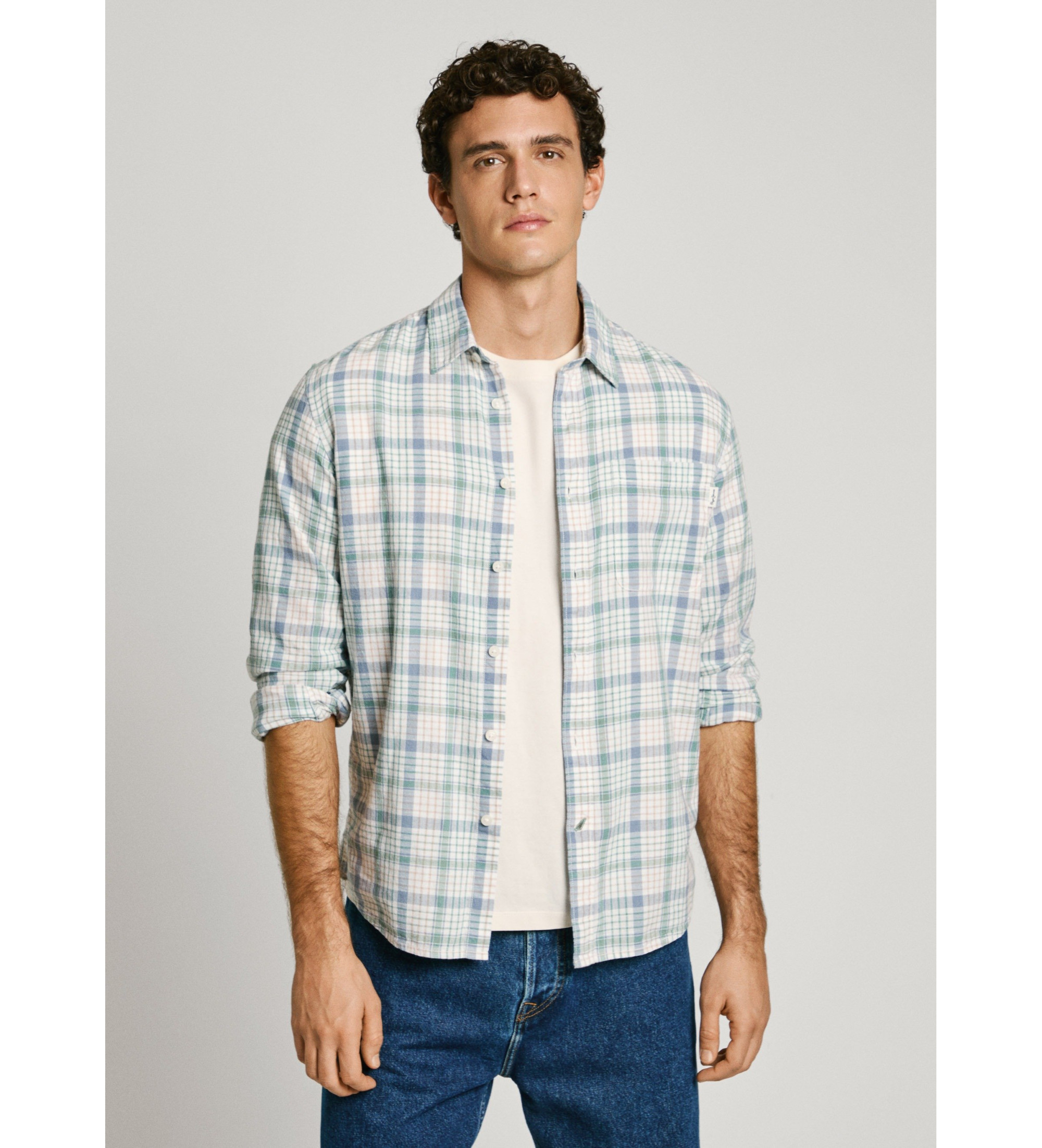 Pepe Jeans für Herren. PM308853 Aitor blaues Hemd (M), Lässig, Leinen, Langarm