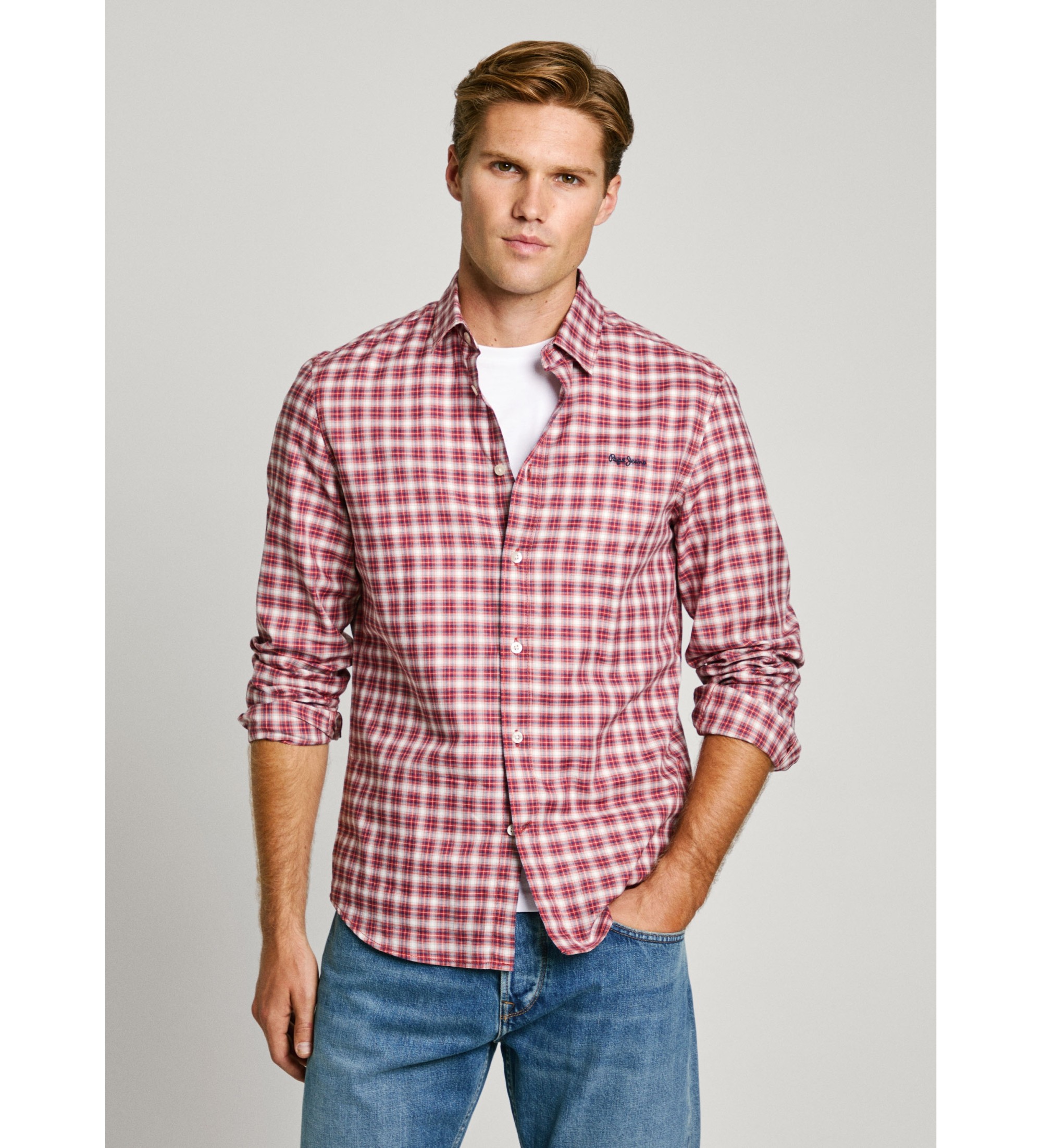 Pepe Jeans für Herren. PM308851 Alfred Hemd rot (M), Lässig, Baumwolle, Langarm