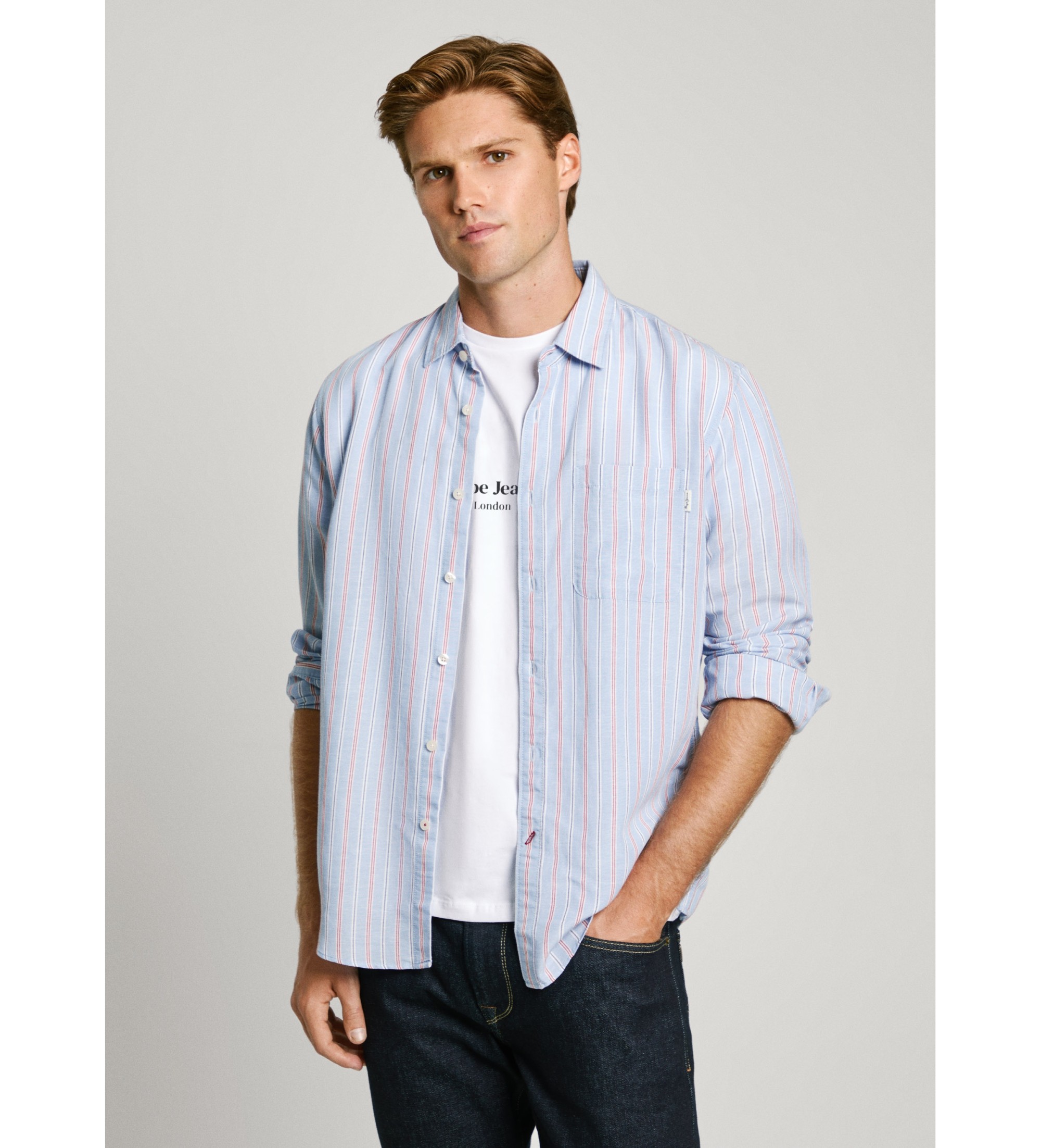 Pepe Jeans für Herren. PM308830 Alphonso blaues Hemd (S), Lässig, Viskose, Langarm