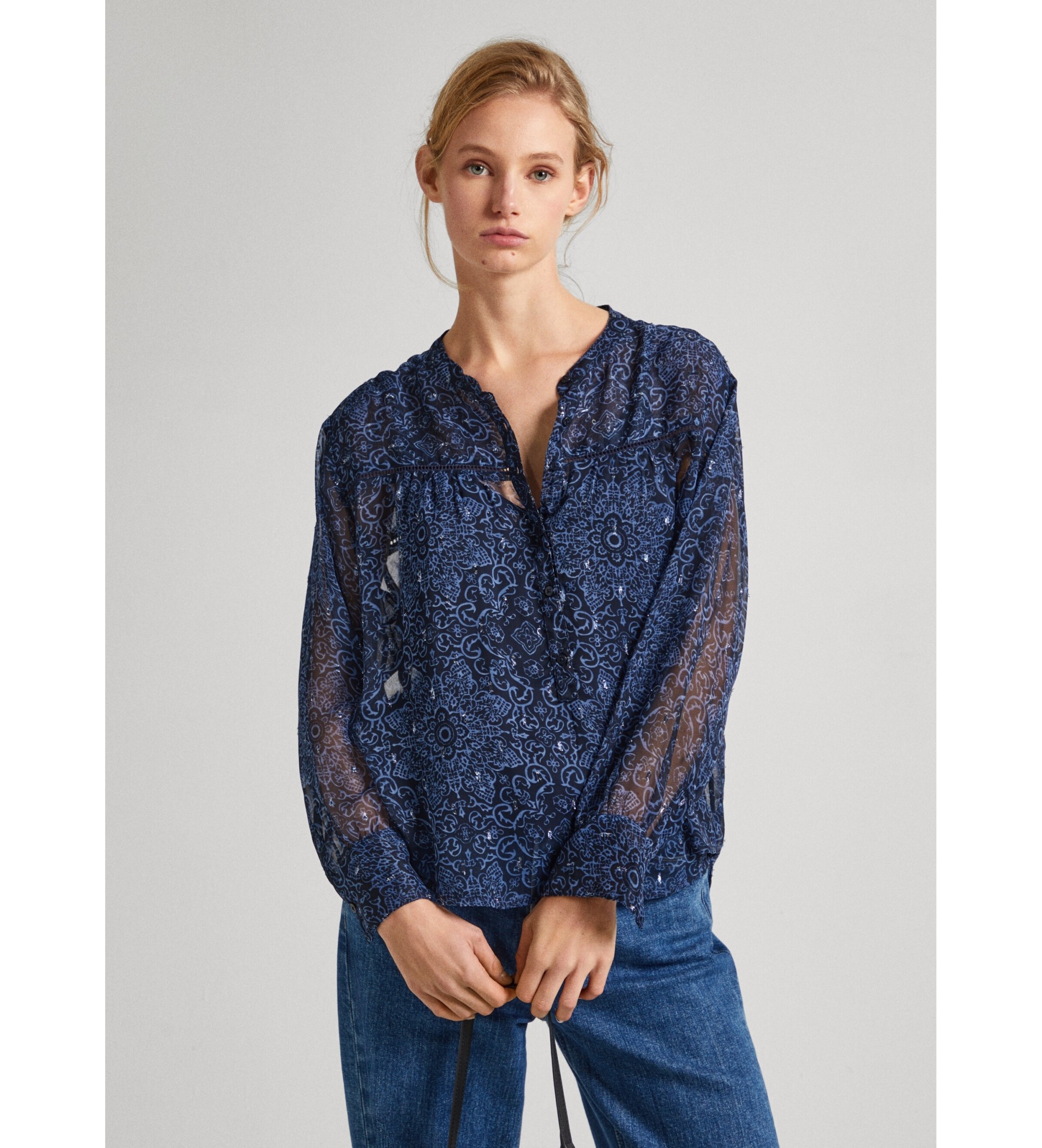 Pepe Jeans für Damen. PL304831 Clementine marineblaue Bluse (S), Lässig, Polyester, Langarm