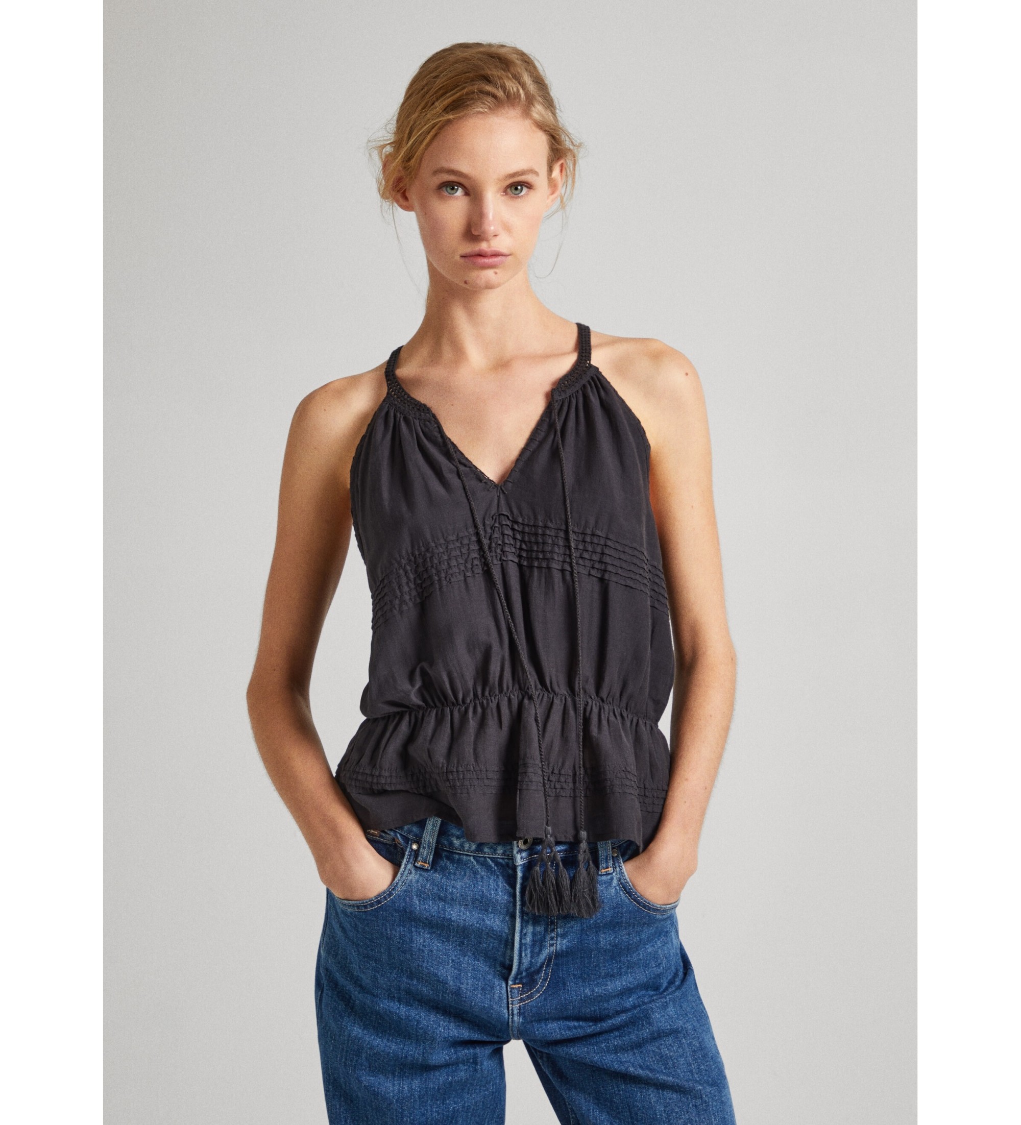 Pepe Jeans für Damen. PL304821 Top mit V-Ausschnitt und Spaghetti-Trägern dunkelgrau (S), Lässig, Baumwolle, Ärmellos / Hosenträger