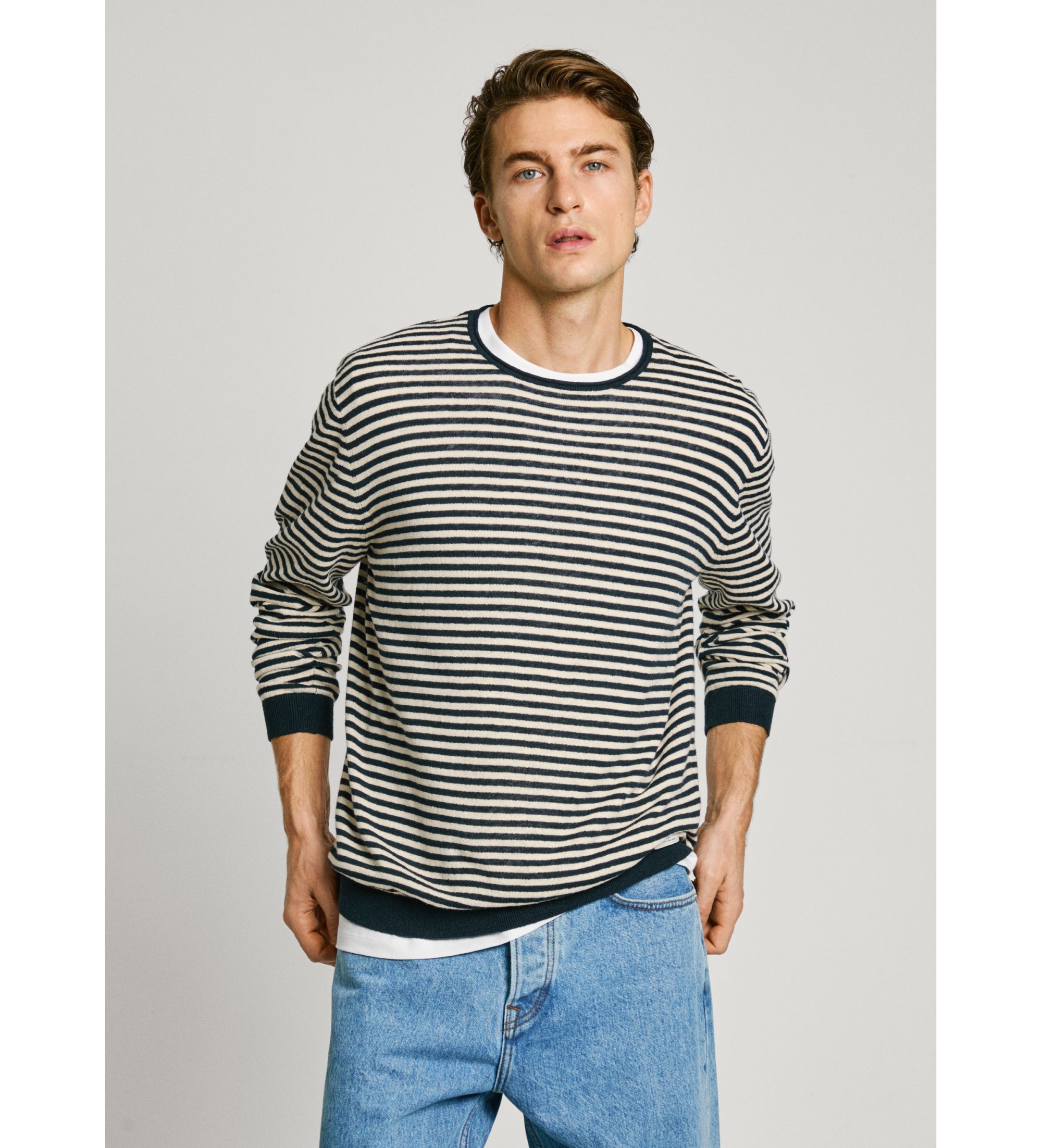 Pepe Jeans für Herren. PM702508 Layne gestreifter Pullover (M), Lässig, Baumwolle, Nachhaltig, Marine