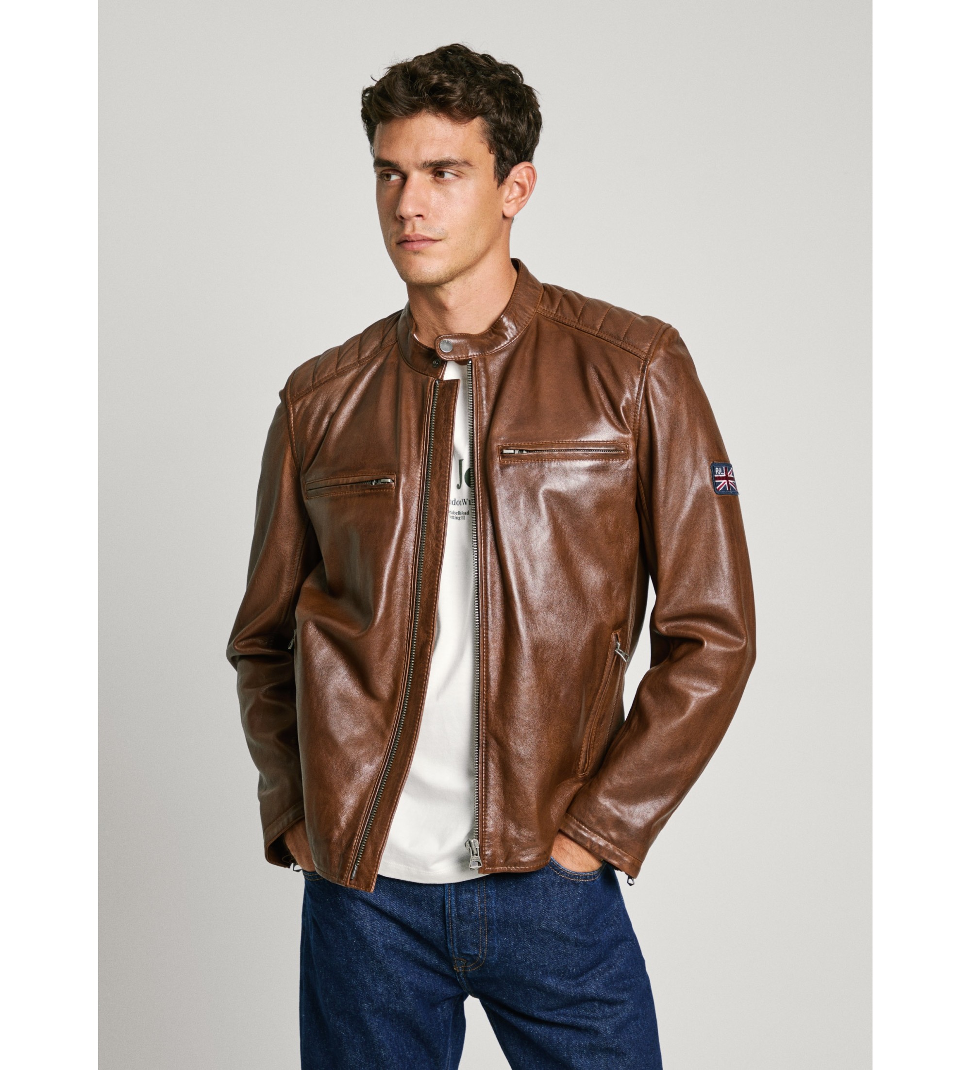 Pepe Jeans für Herren. PM403106 Braune Malvar Bikerjacke aus Leder (M), Lässig