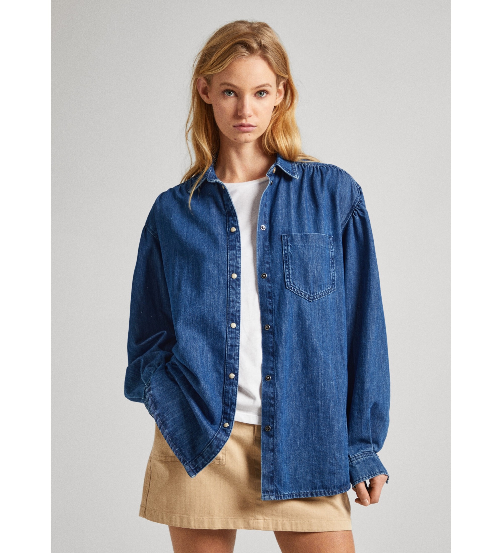 Pepe Jeans für Damen. PL304730 Miley blaues Hemd (M), Lässig, Baumwolle, Langarm, Nachhaltig