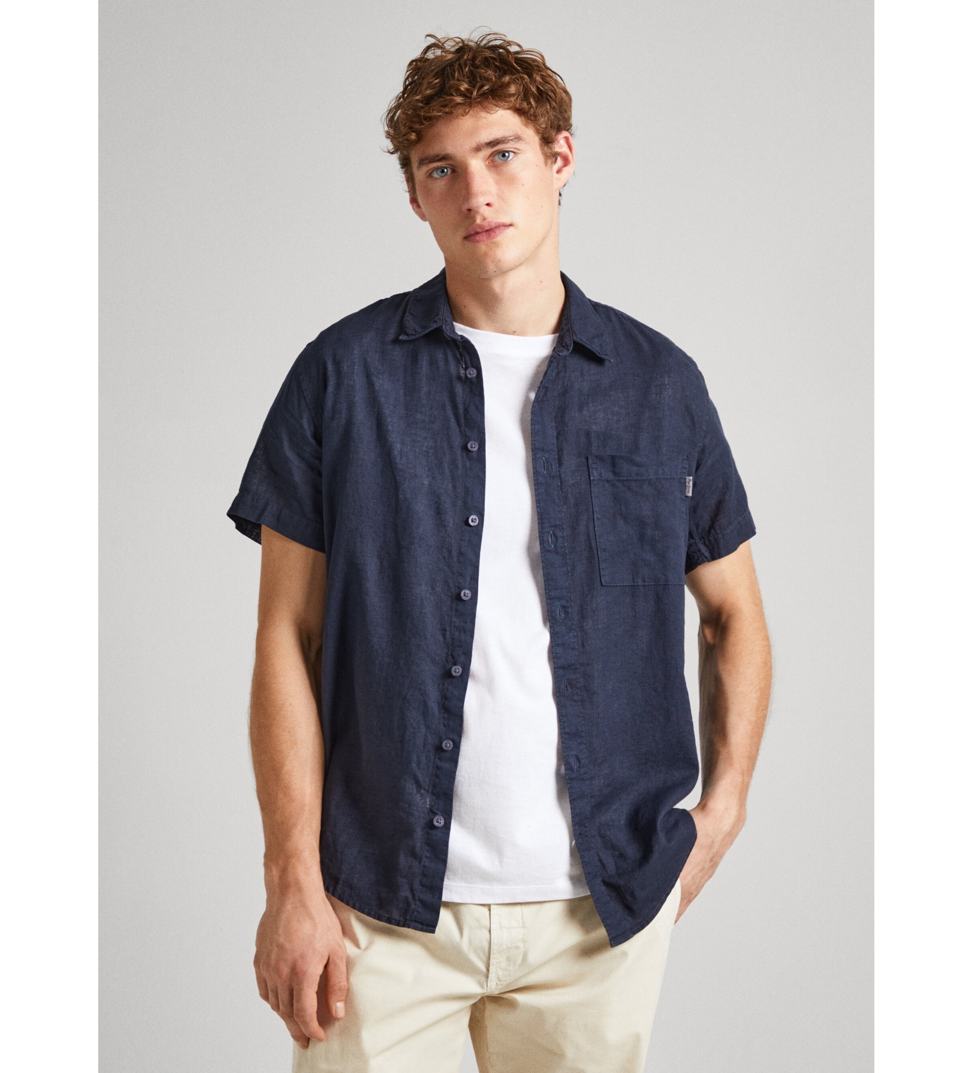 Pepe Jeansvoor mannen. PM308494 Paige linnen overhemd marine (M), Blauw, Casual, Vlas, Korte mouwen