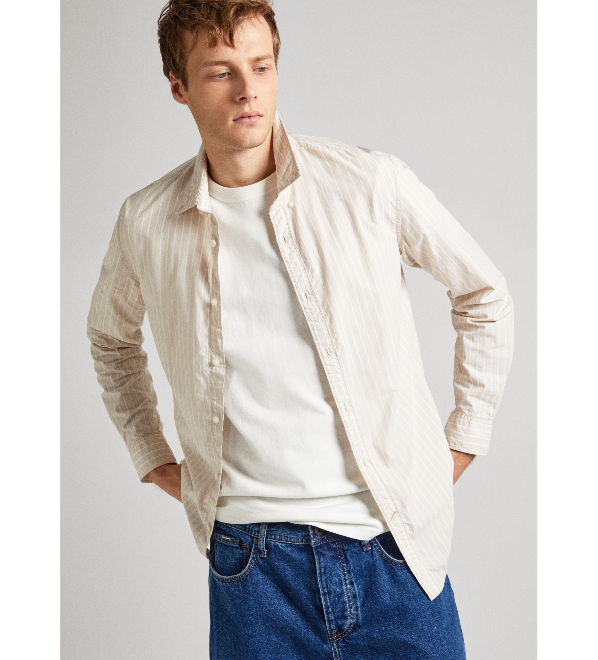 Pepe Jeans für Herren. PM308269 Peter beigefarbenes Hemd (M), Lässig, Baumwolle, Langarm
