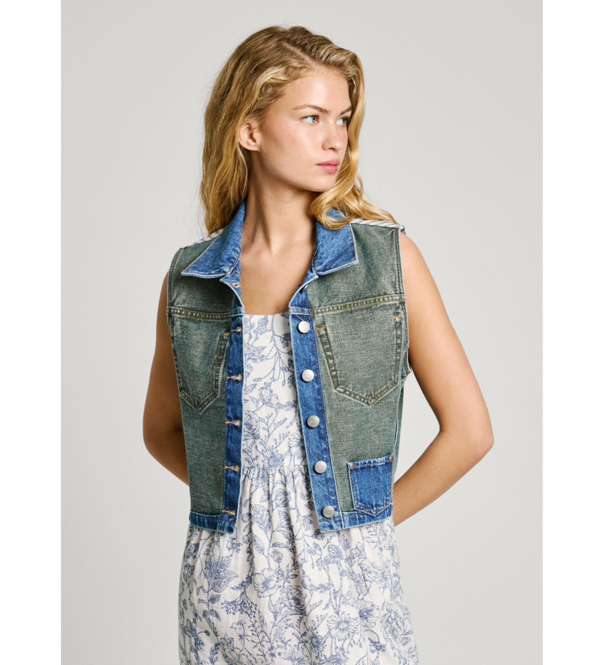 Pepe Jeans für Damen. PL402592 Weste W11 Denim Rever blau grün, blau (L), Lässig, Baumwolle, Nachhaltig