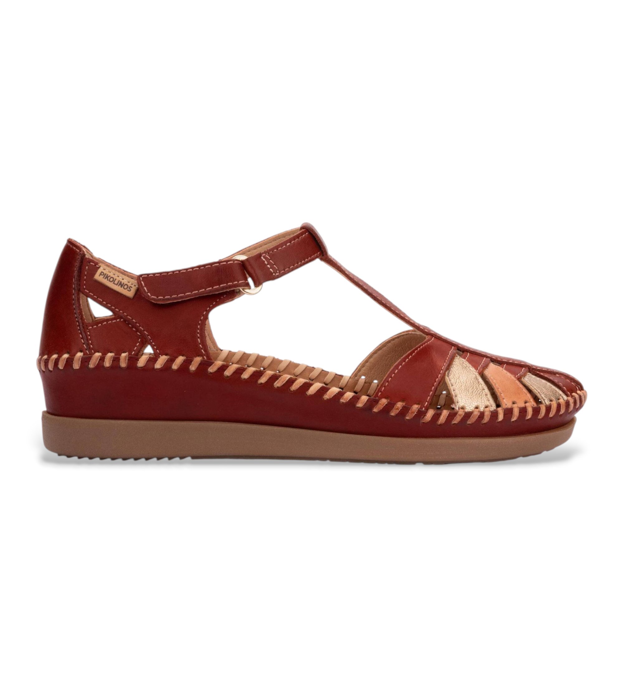 Pikolinosvoor vrouwen. W8K-0705C1 Roodbruine leren sandalen Cadaques (40), Leer, Plat, 1 tot 3 cm, Klittenband, Casual