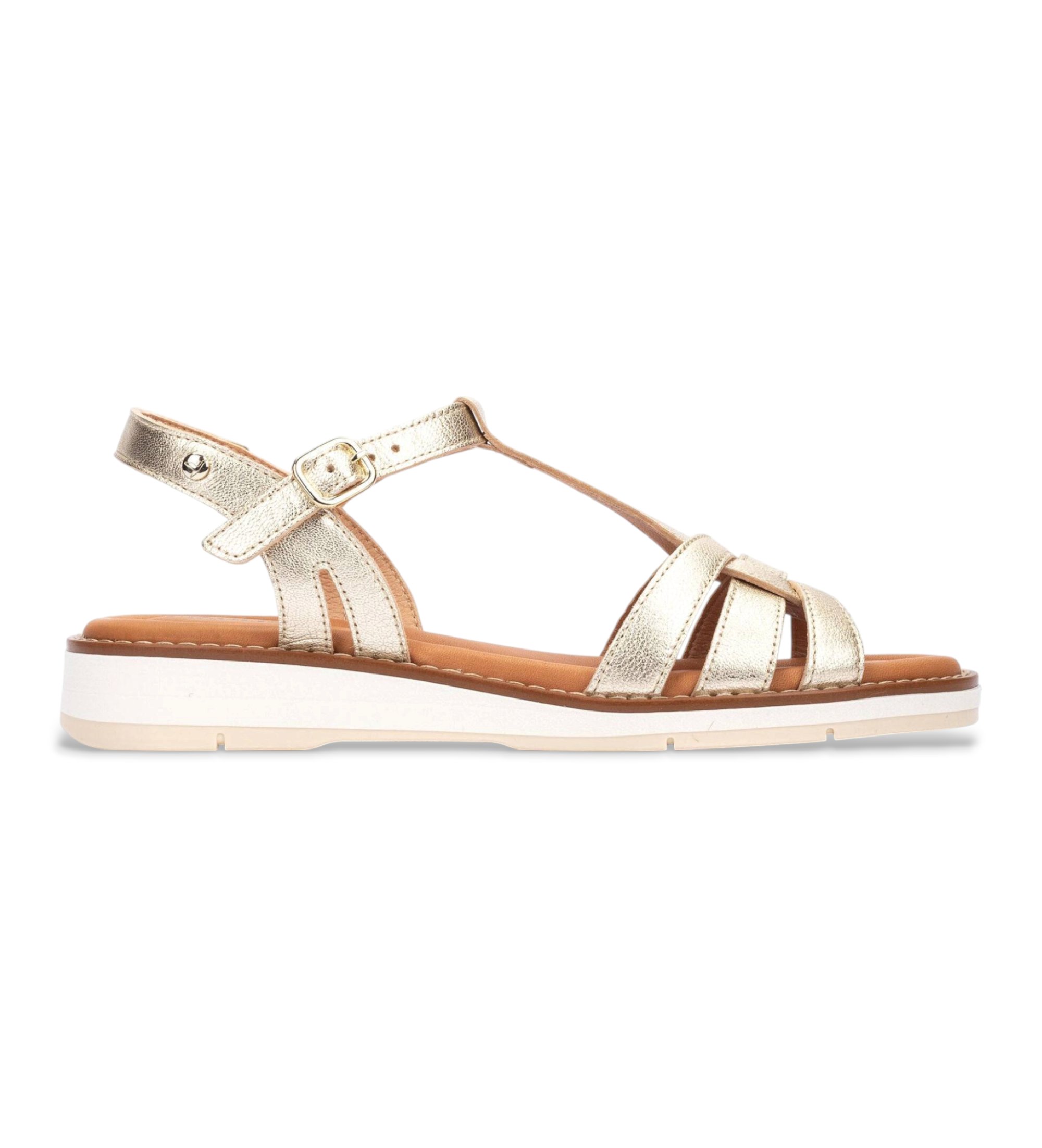 Pikolinos für Damen. W9B-0789CL Goldene Roquetas Sandalen aus Leder (36), Beige, 1 bis 3 cm, Schnalle, Lässig
