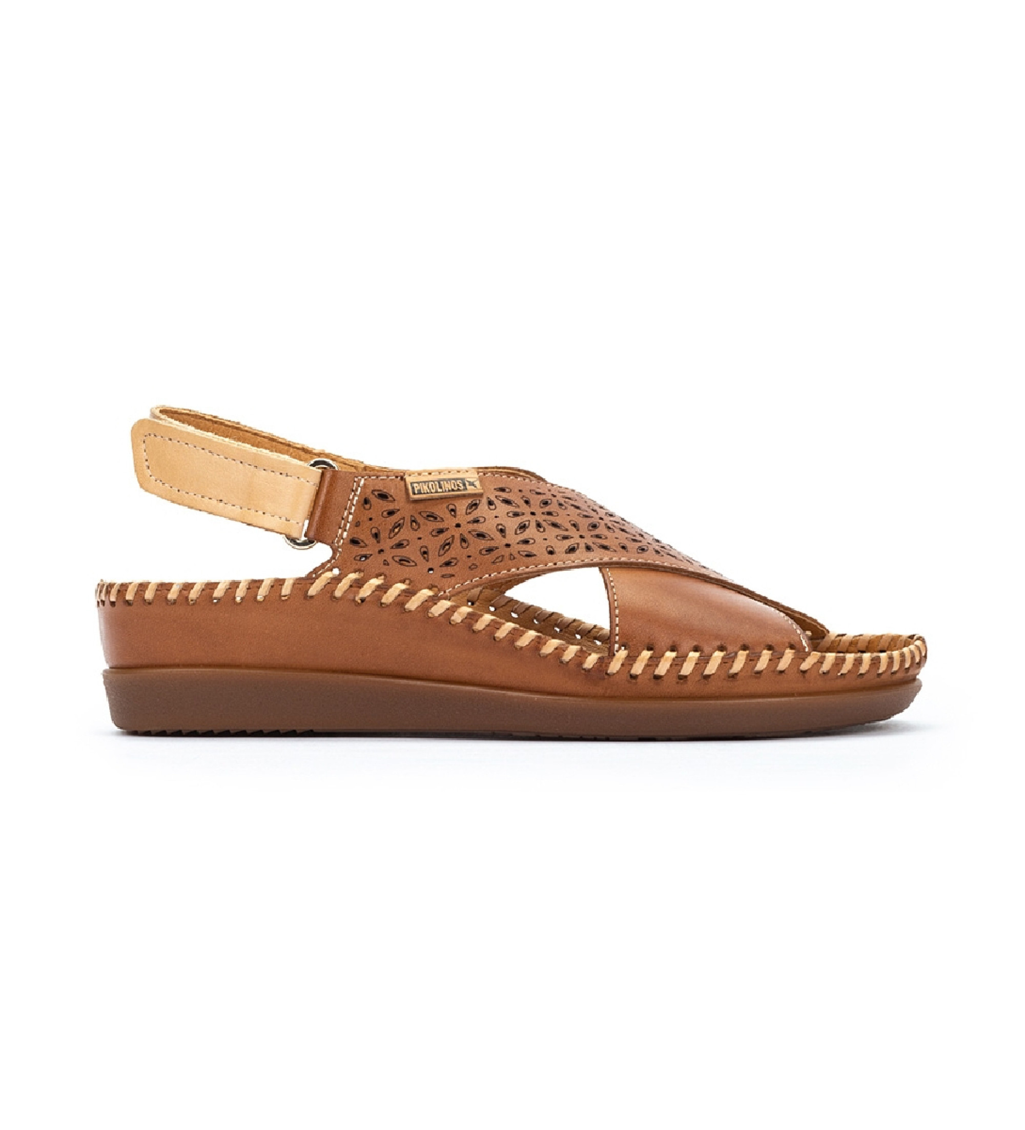 Pikolinos für Damen. W8K-0848C1 Braune Keilsandaletten aus Cadaqués-Leder mit Reißverschluß (41), 3 bis 5 cm, Klettverschluss, Lässig