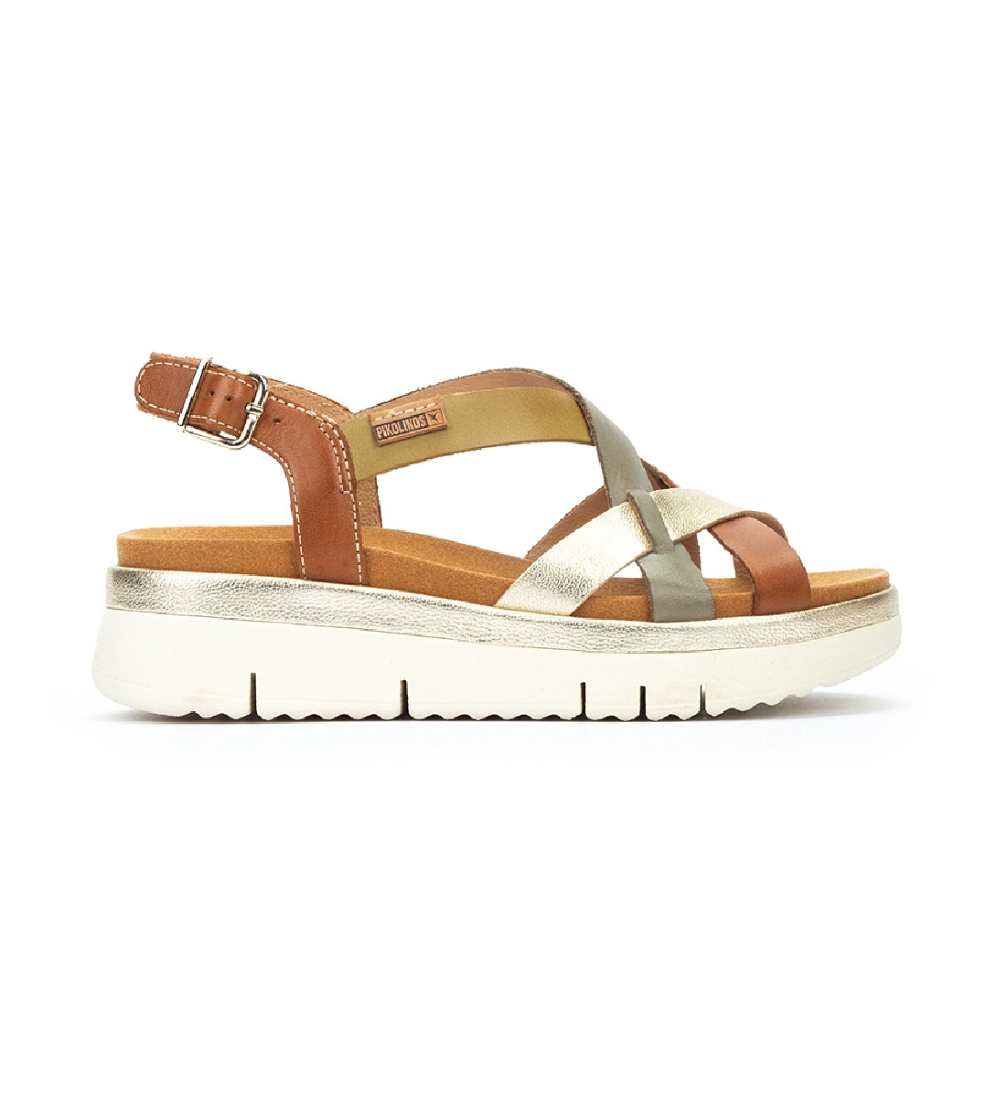 Pikolinos für Damen. W4N-0650C1 Braune Leder-Keilsandalen mit gekreuzten Riemen Palma (39), 3 bis 5 cm, Schnalle, Lässig