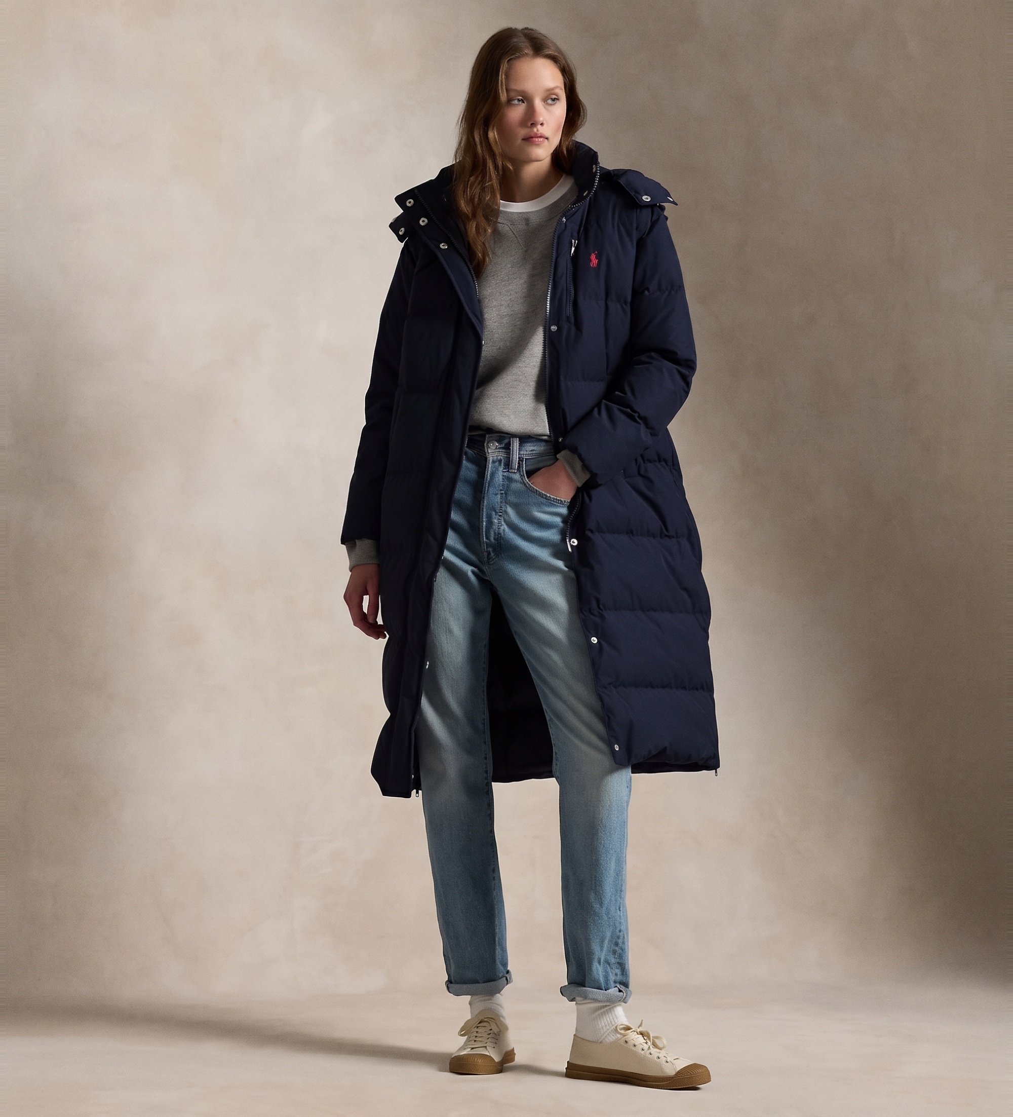 Polo Ralph Lauren für Damen. 211941005001 Marineblauer Daunenmantel mit Kapuze (L), Lässig, Baumwolle