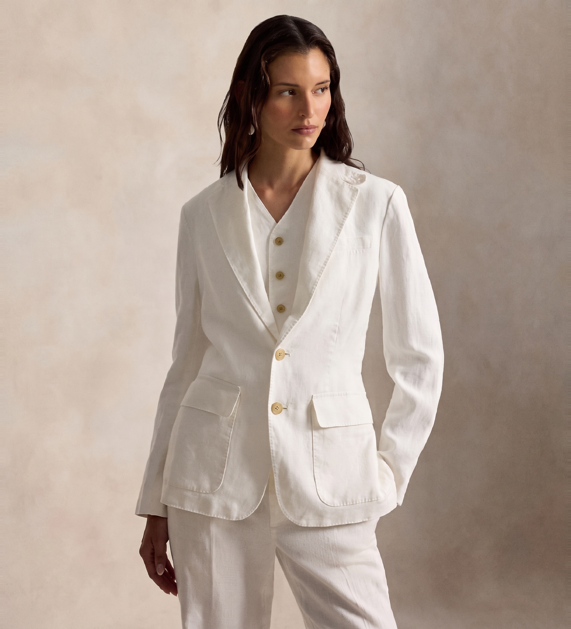 Polo Ralph Lauren für Damen. 211B14270001 Blazer aus Leinen mit einreihigem weißem Knopfverschluss (40), Lässig, Klassisch