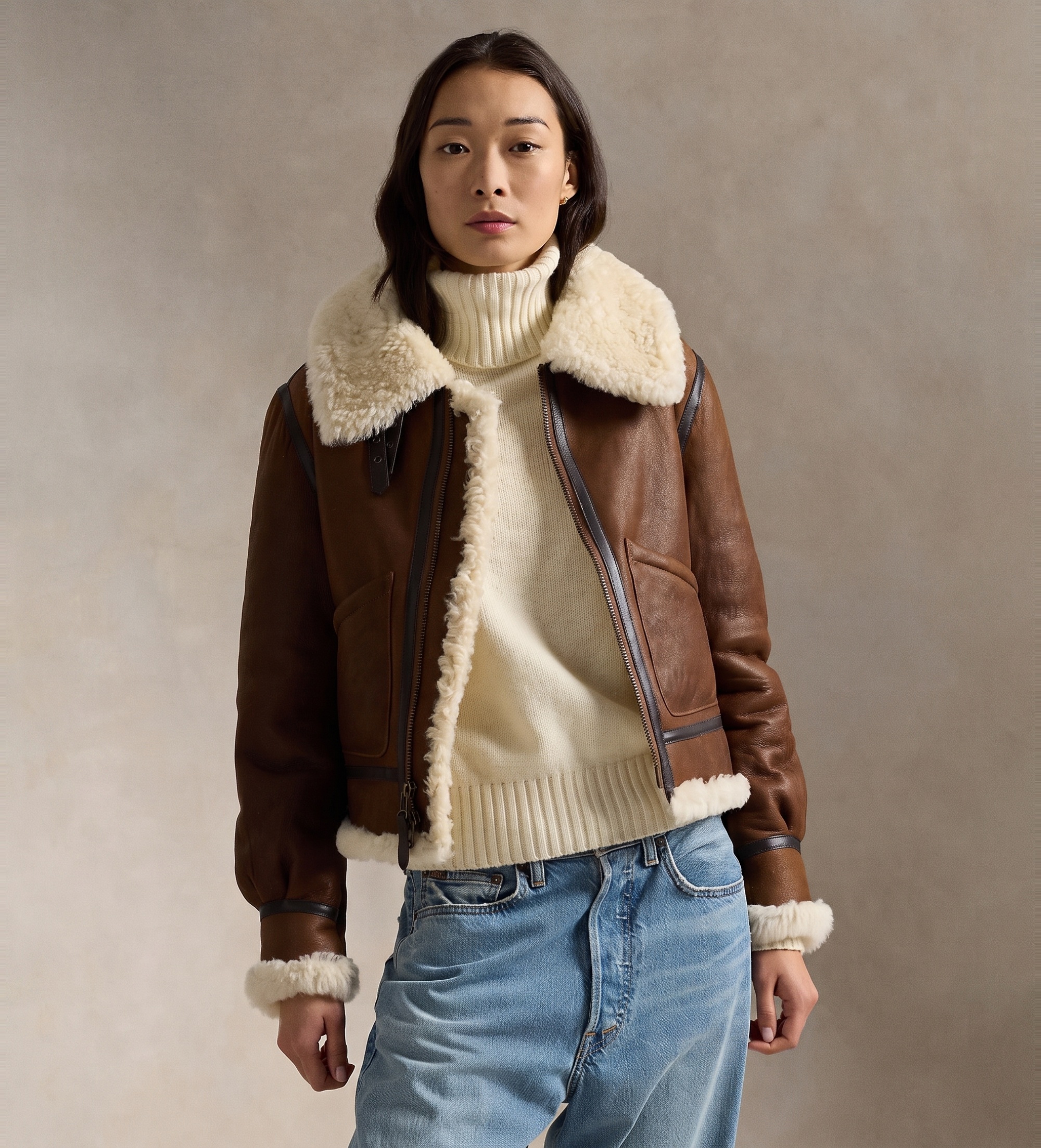 Polo Ralph Lauren für Damen. 211910038001 Brauner Aviator-Lederbomber (L), Lässig