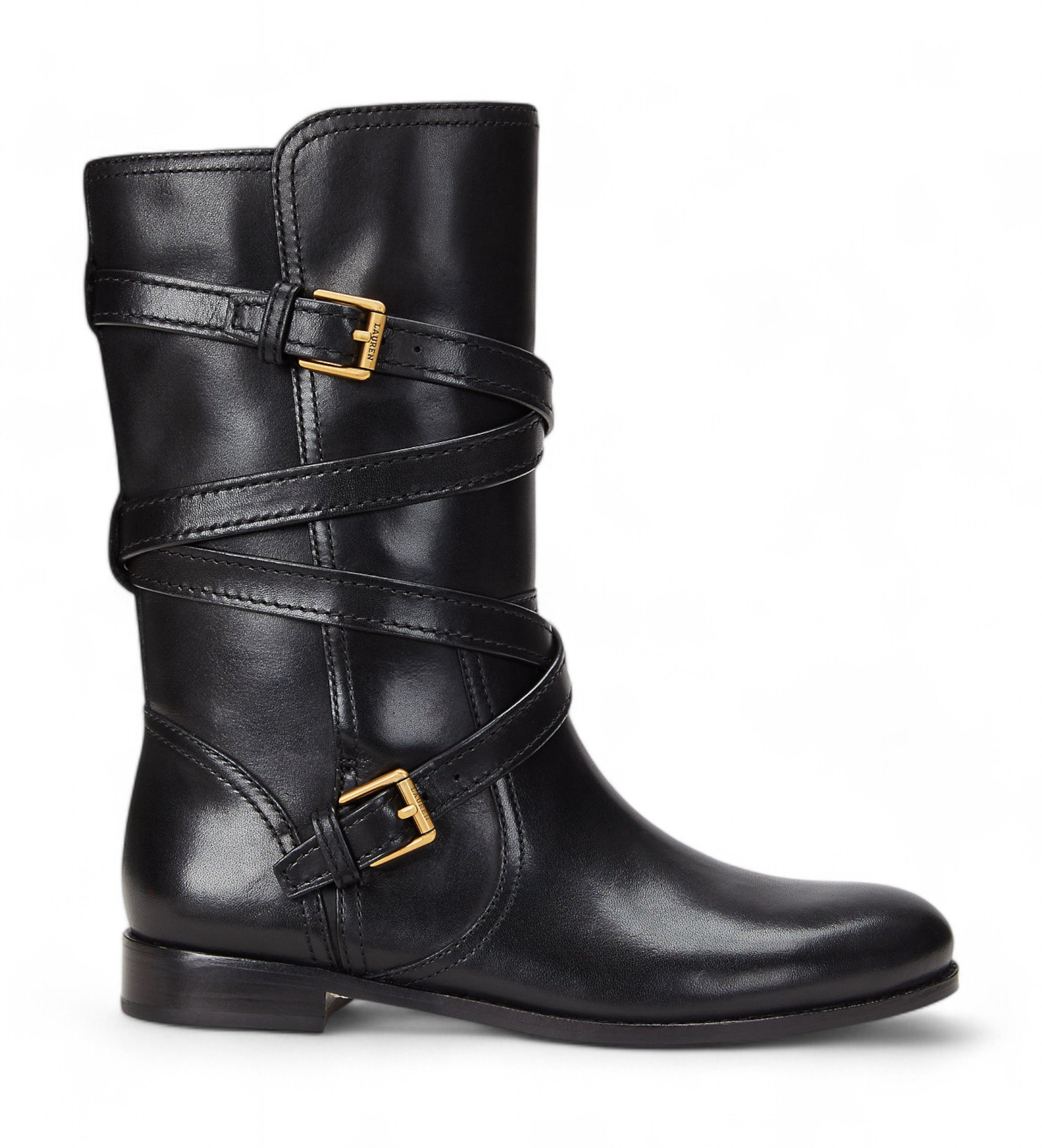 Lauren Ralph Lauren für Damen. 802945680001 Briannah Lederstiefel schwarz (36), Wohnung, 1 bis 3 cm, Schnalle, Lässig