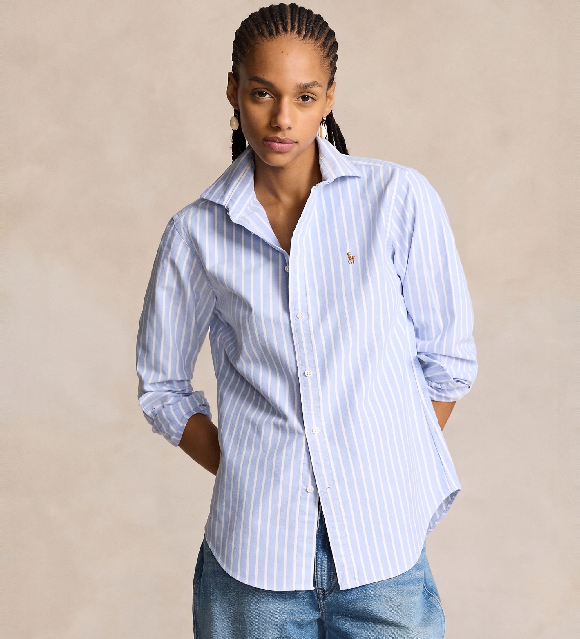 Polo Ralph Lauren für Damen. 211891377004 Schmal geschnittenes Oxford-Hemd mit blauen Streifen (38), Lässig, Baumwolle, Klassisch, Langarm